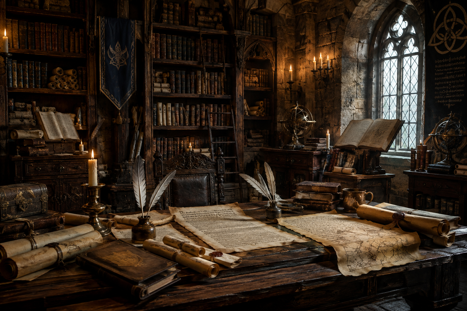An old, medieval-style study room with wooden bookshelves filled with ancient books, scrolls, and globes. The room features a large wooden desk covered with rolled-up maps, scrolls, and quills in ink bottles. The space is dimly lit by candles, with sunlight streaming through tall, arched, stained-glass windows, illuminating the stone walls.