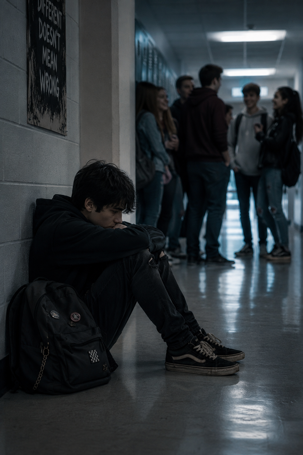 A young person sits alone on the floor of a school hallway, with their head resting on their knees and looking down. A group of students is chatting in the background, and a sign on the wall reads, "Different Doesn't Mean Wrong."