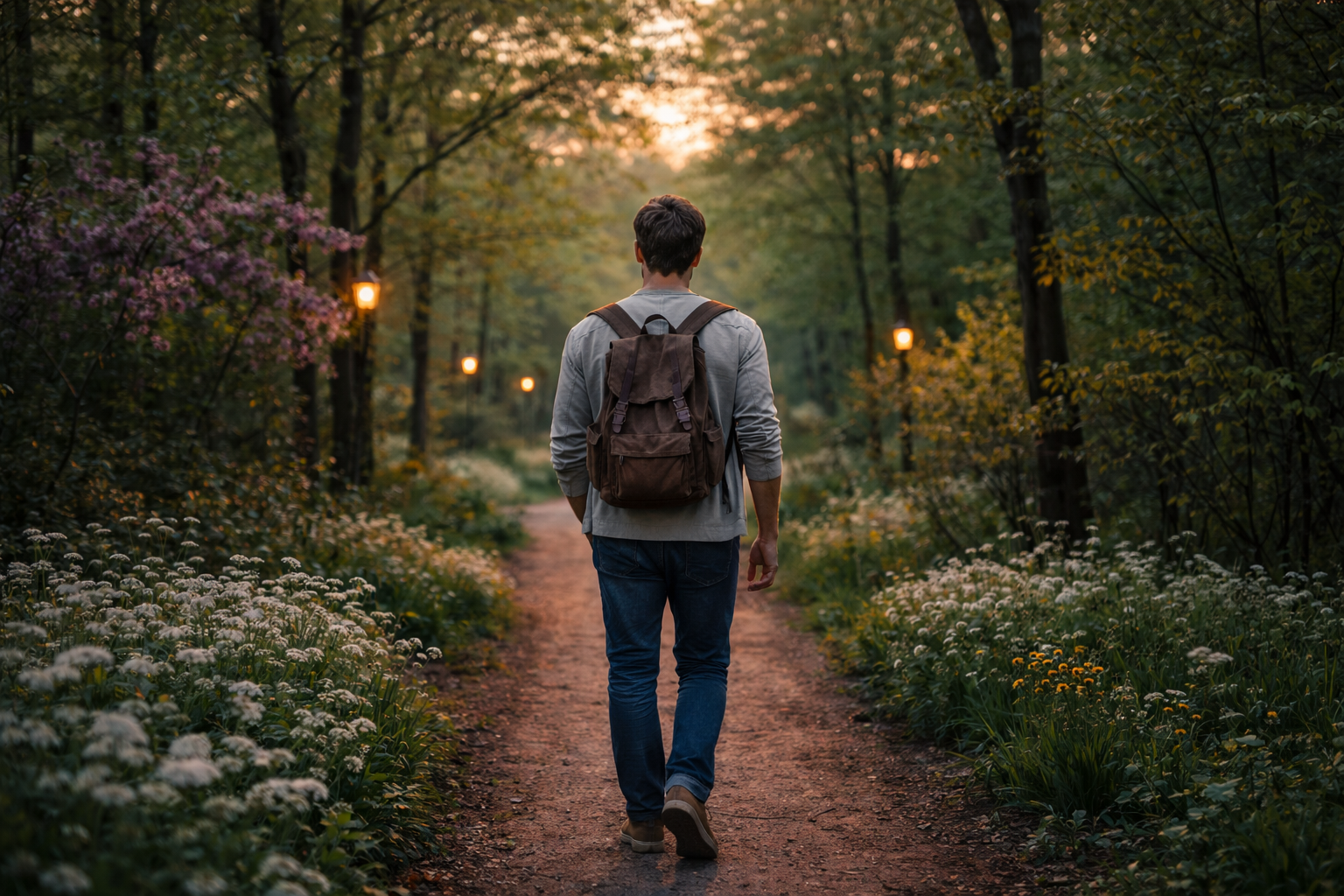 A man walks down a dirt trail through a wooded area at sunset, with lanterns hanging from trees and flowers along the path.