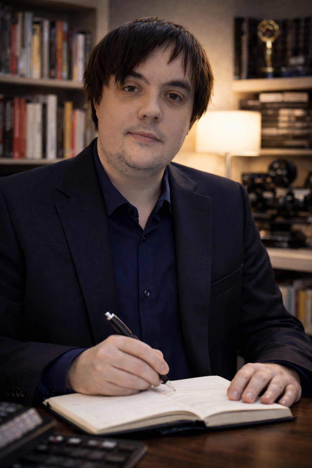 A man in a dark suit sits at a desk, writing in an open notebook with a pen, with bookshelves and a lamp with a warm glow in the background.