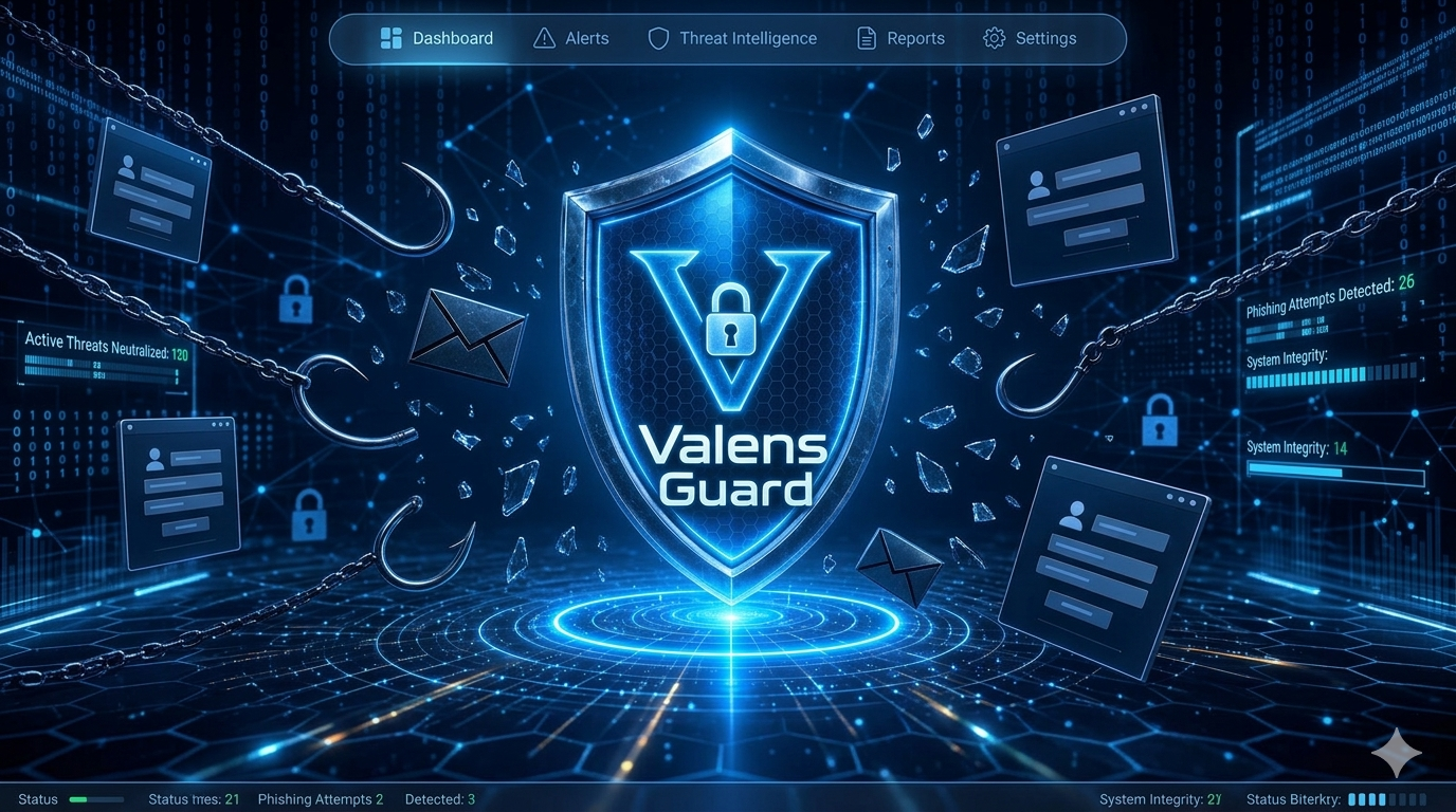 Digital illustration of cybersecurity with shield labeled 'Valens Guard' at the center, surrounded by broken glass, digital icons of email and profiles, and fishing hooks, representing protection against cyber threats.