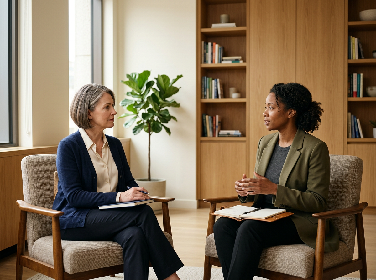 Two women sitting in a professional office, engaged in conversation. One woman, with gray hair, is taking notes, and the other woman, with curly black hair, is speaking. They are seated in beige cushioned chairs with wooden armrests. In the background, there is a wooden bookshelf filled with books and a potted plant near a window.