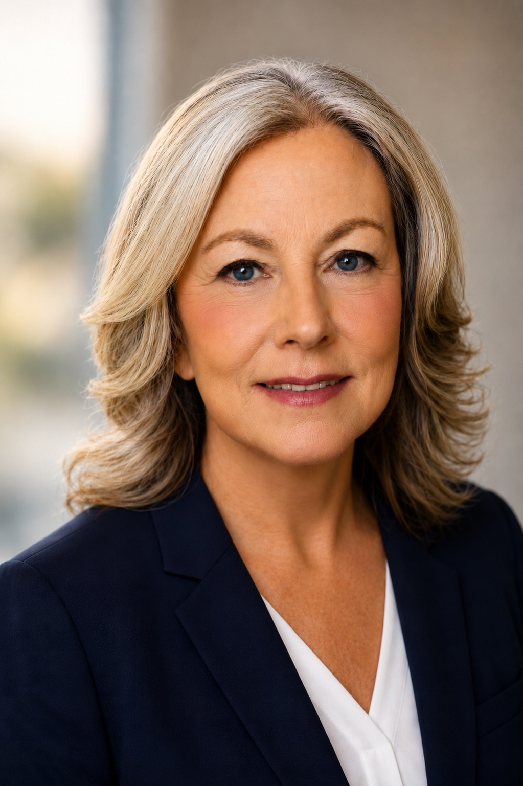 A portrait of a middle-aged woman with blonde, wavy hair and blue eyes, wearing a dark blazer over a white top, smiling softly, indoors with a blurred background.