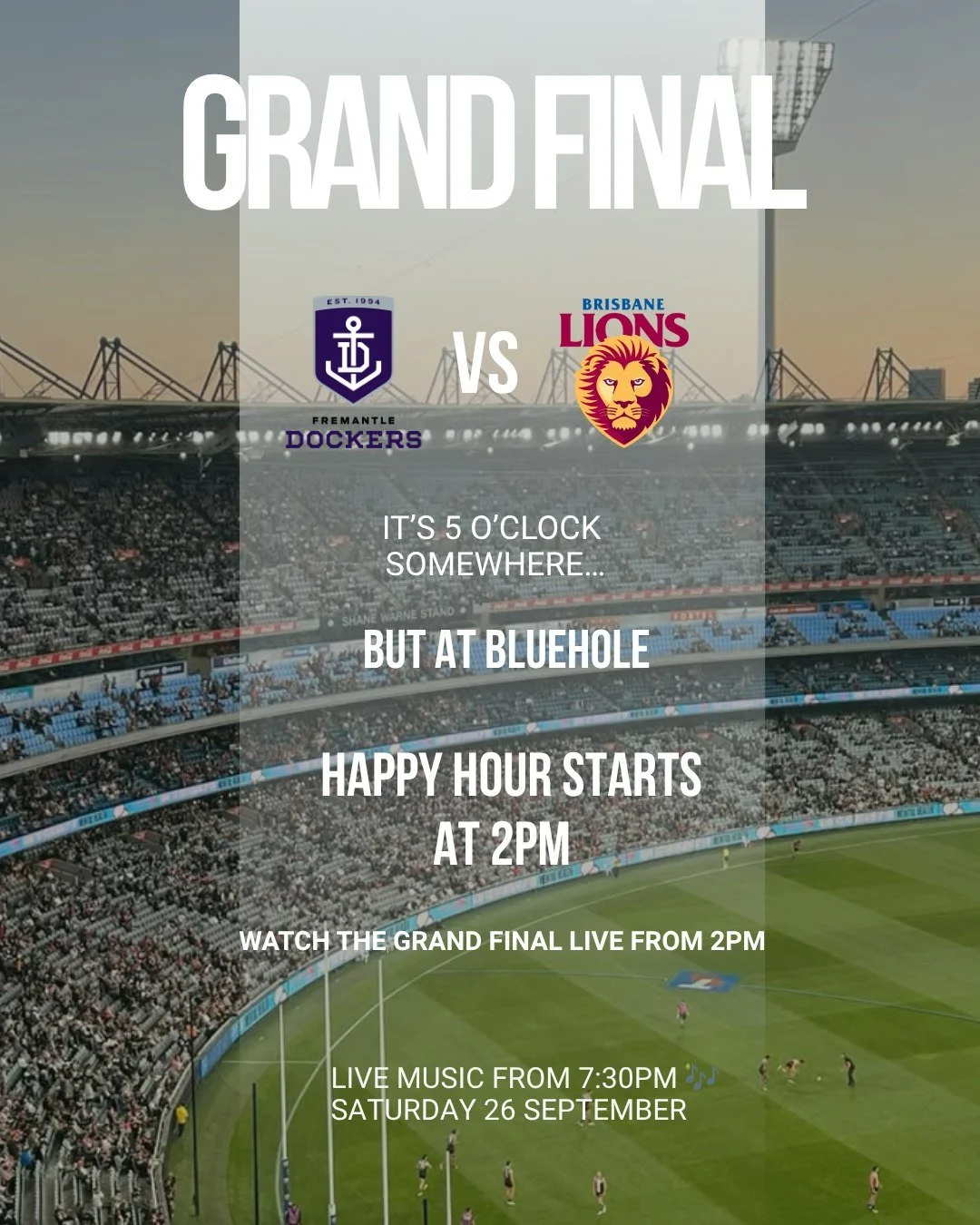 GRAND FINAL SATURDAY AT BLUEHOLE 🏉🍻

Your Saturday plans are sorted, we&rsquo;re showing the AFL Grand Final live, with Happy Hour kicking off from 2PM.

🏉 Grand Final live from 2PM
🍻 Happy Hour from 2PM
🎶 Live music from 7:30PM

Come down, grab