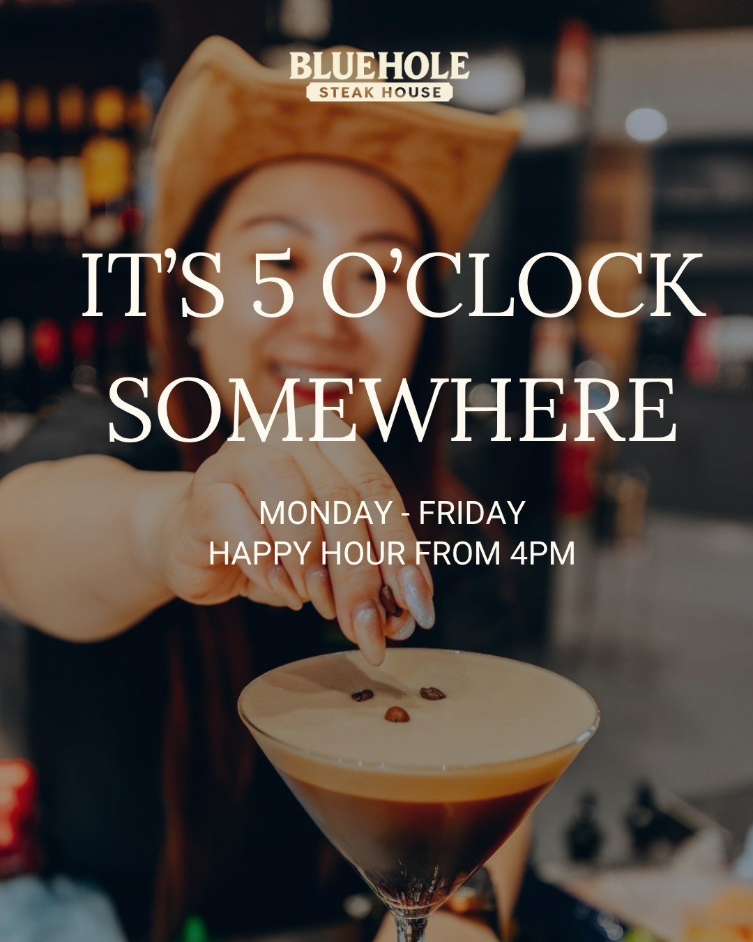 IT&rsquo;S 5 O&rsquo;CLOCK SOMEWHERE&hellip; 🤠

But at BlueHole, your Happy Hour starts at 4.

Round up the crew and knock off with us from 4pm.

🍹 Mango Daiquiris $12
🍺 Schooners $7
🍺 Pints $9
🍺 Guinness Pints $10
🍷 House Wine $10

See you at 