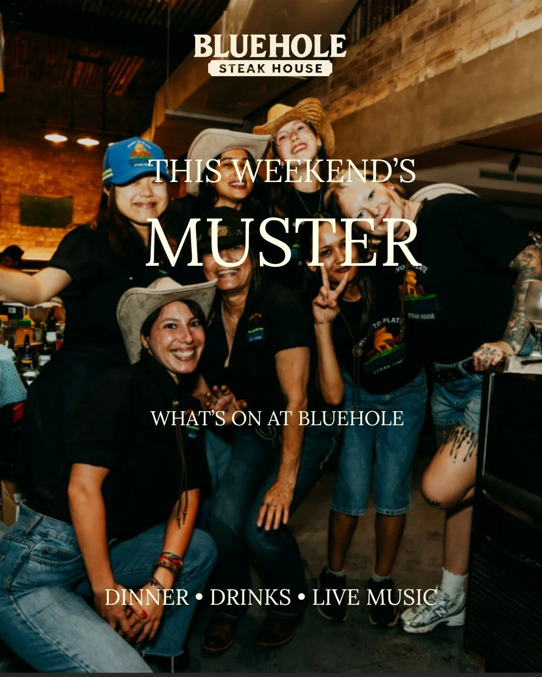 What&rsquo;s Mustering at BlueHole this weekend? 🤠

Friday night - Megan Woods
7:30pm&ndash;10:30pm

Saturday night - Mia Grosser
7:30pm&ndash;10:30pm

Good food, cold drinks and live music all weekend.

Round up your crew and book your table, link 