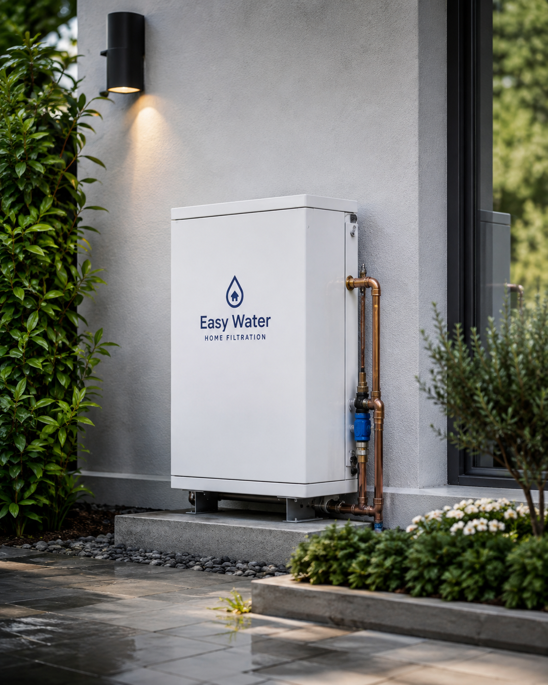 Easy Water Filtration whole-home unit professionally installed wall mounted outdoors