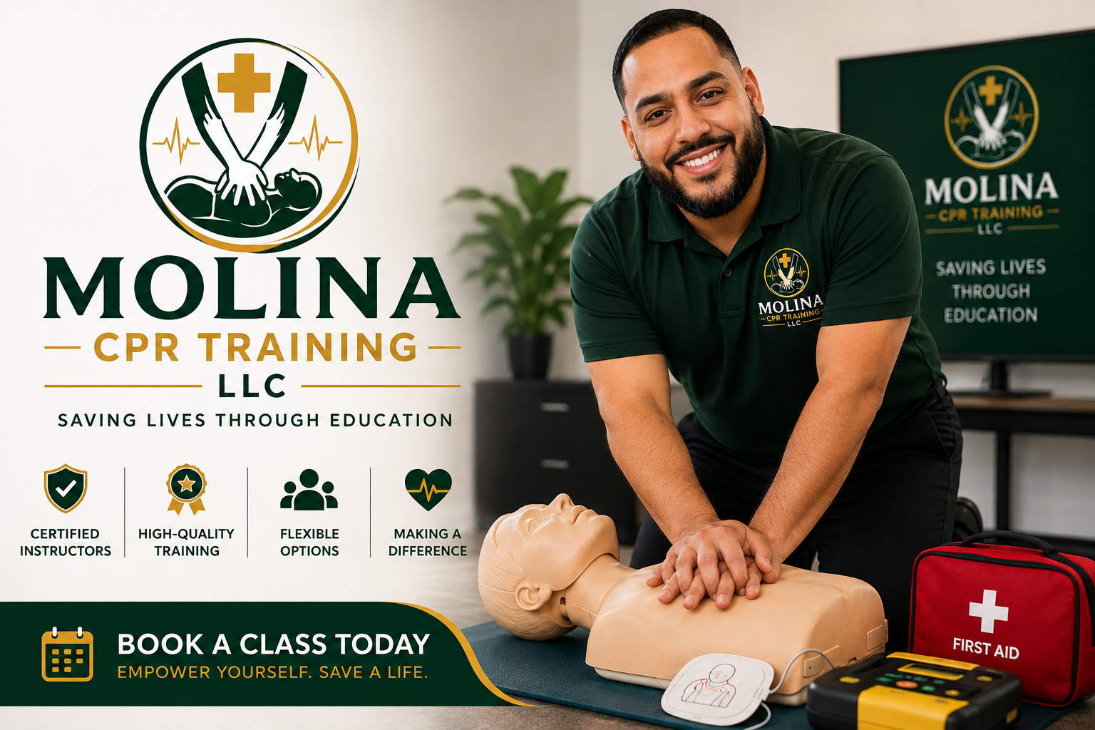 A smiling man demonstrating CPR on a mannequin during a training session in a classroom. The setting includes CPR training equipment such as a first aid kit, a defibrillator, and instructional materials. The background features a sign that reads 'Molina CPR Training LLC' and a screen displaying the training company's logo and tagline.