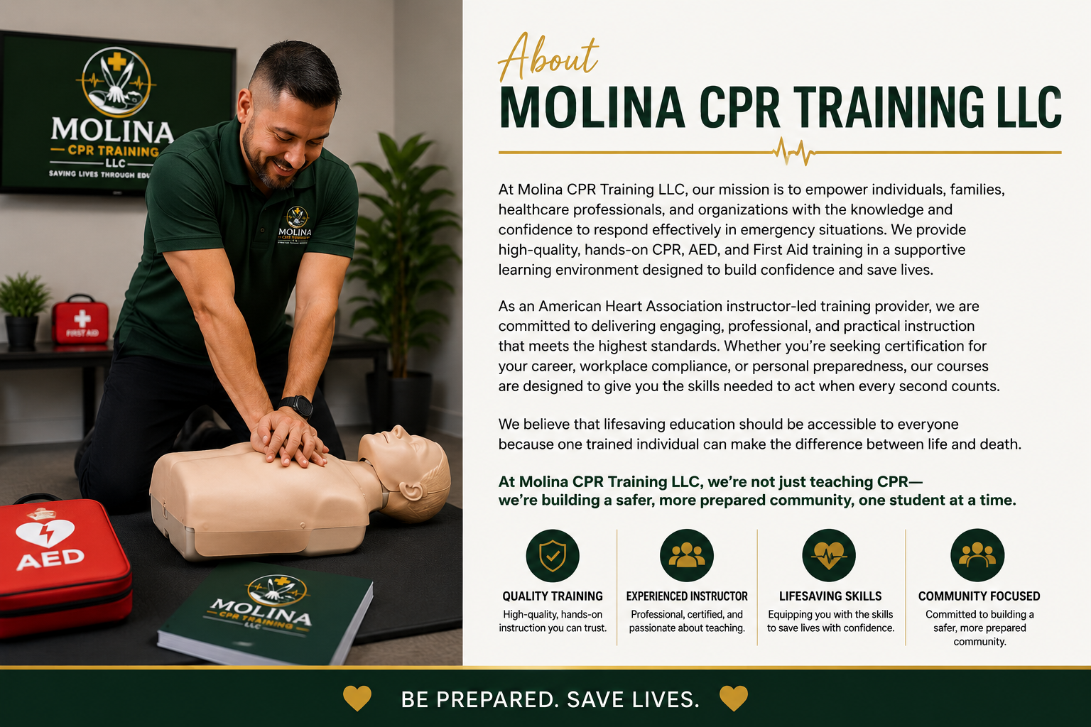 A man practicing CPR on a training manikin in a classroom setting. The background features a monitor displaying the Molina CPR Training LLC logo, and the table includes a red AED device, a booklet, and a plant.