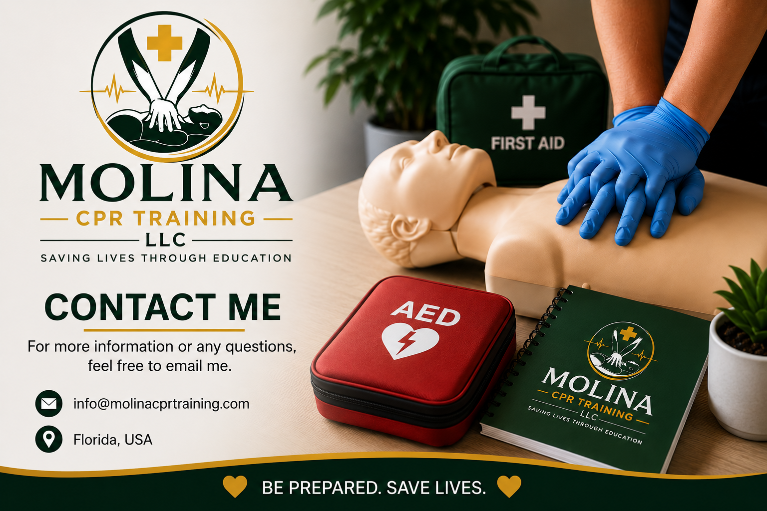 Information about CPR training at Molina LLC, including CPR training materials, a first aid kit, an AED, and a CPR mannequin, with contact information.