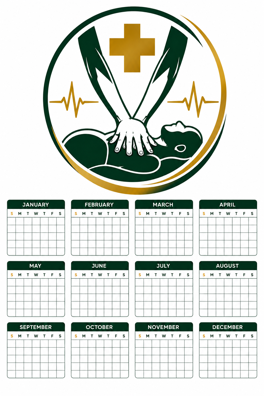 A medical-themed logo featuring a stethoscope, a cross, and a hand on a patient, with a heartbeat line, above a calendar for the months January to December.