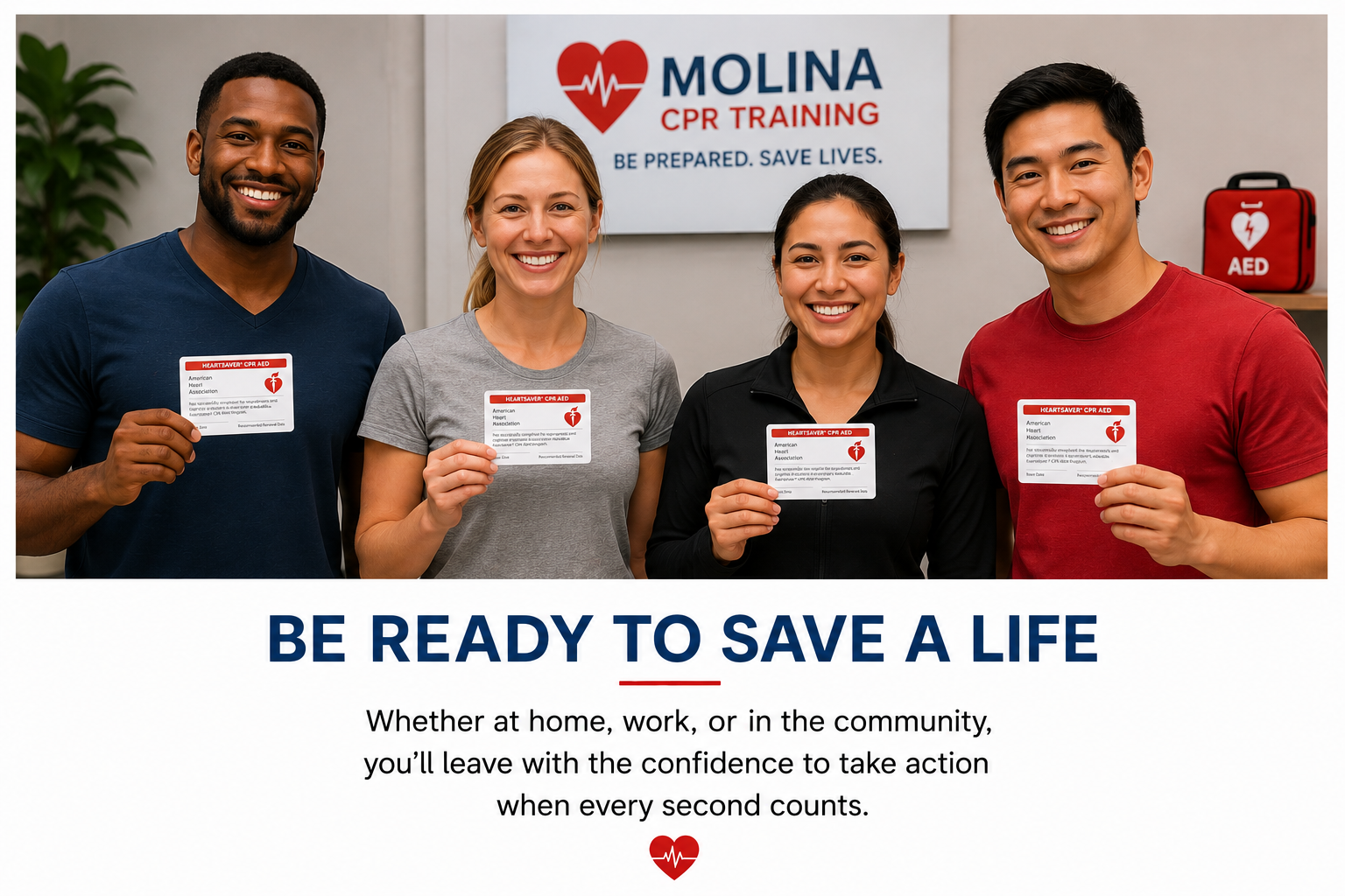 A group of four diverse people smiling and holding CPR training cards, standing in front of a sign that says "MOLINA CPR TRAINING" with a heart logo. A red AED bag is visible on a shelf in the background.