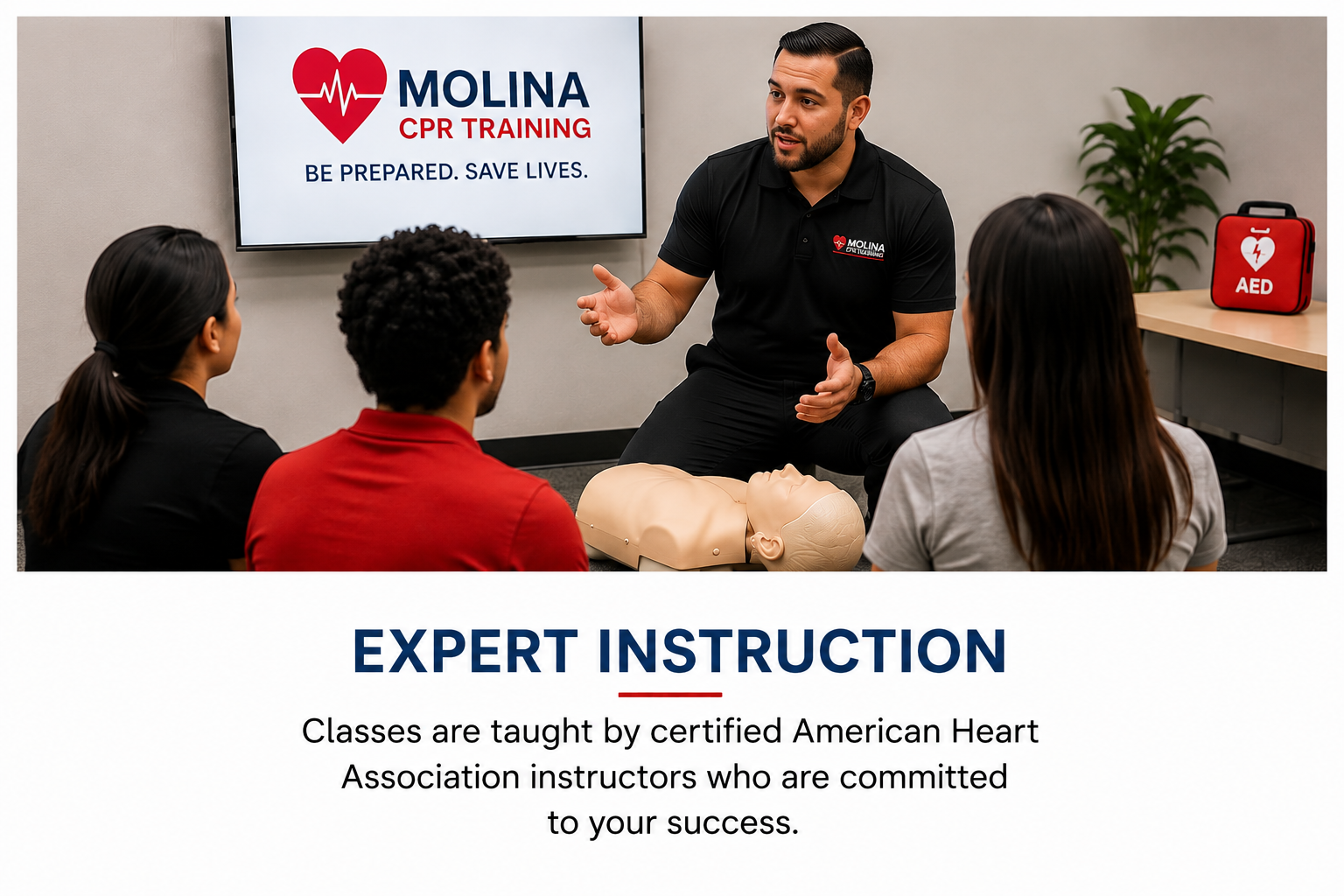 A CPR training instructor demonstrates on a mannequin in front of a group of four students in a classroom, with a screen behind displaying 'MOLINA CPR TRAINING' and the slogan 'BE PREPARED. SAVE LIVES.' The instructor is wearing a black polo shirt with a red and white logo, and there's an AED case on a table beside a green potted plant.