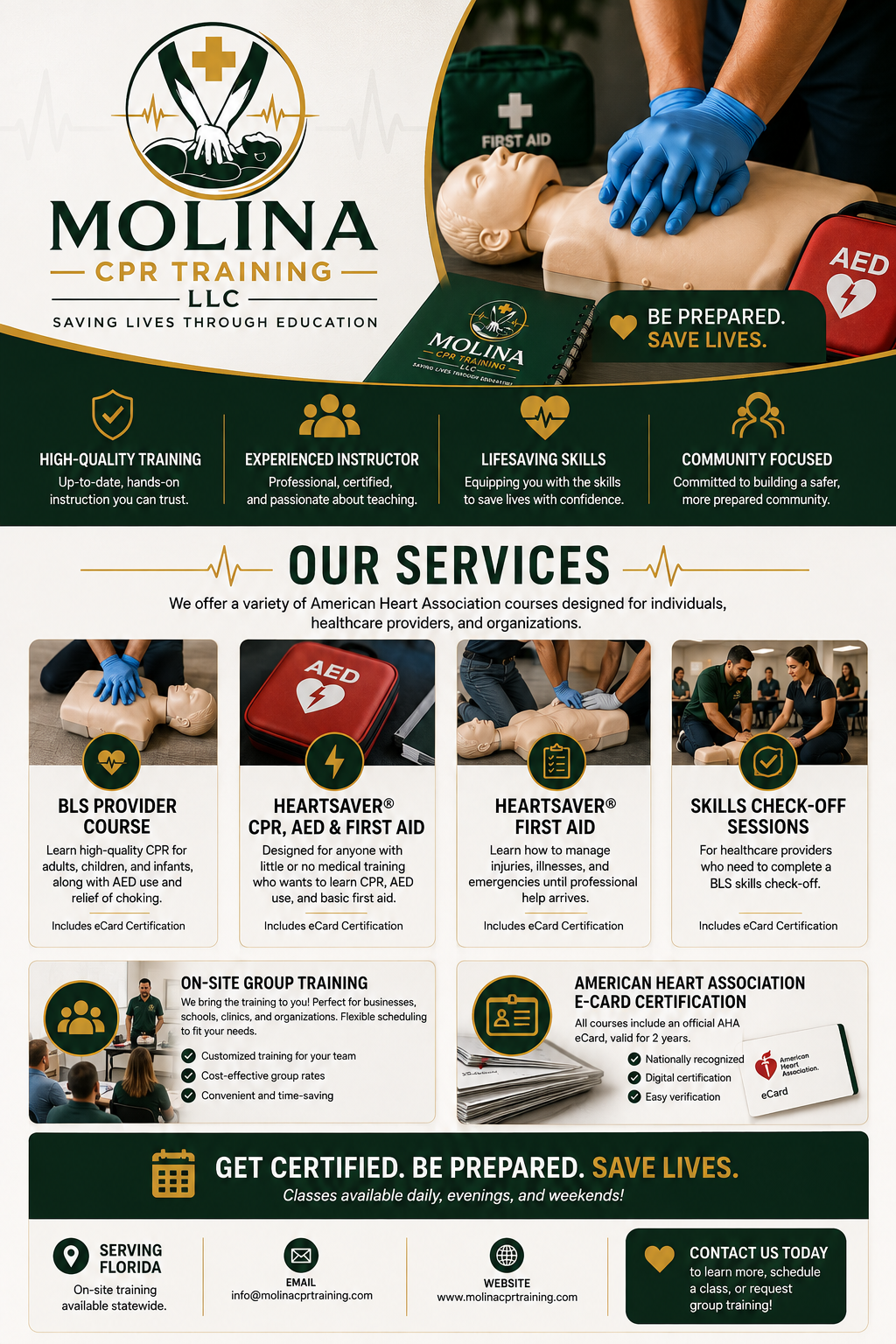 An informational flyer for MOLINA CPR TRAINING LLC, showcasing CPR and first aid courses. The flyer features images of CPR training in progress, including a person performing CPR on a mannequin and medical emergency equipment such as a first aid kit, AED, and CPR mask. It highlights services like BLS Provider Course, Heartsaver CPR, AED & First Aid, Heartsaver First Aid, skills check-off sessions, and on-site group training, emphasizing high-quality training, experienced instructors, lifesaving skills, and community focus. The flyer also mentions American Heart Association e-card certification, local training availability in Florida, and contact information for booking.