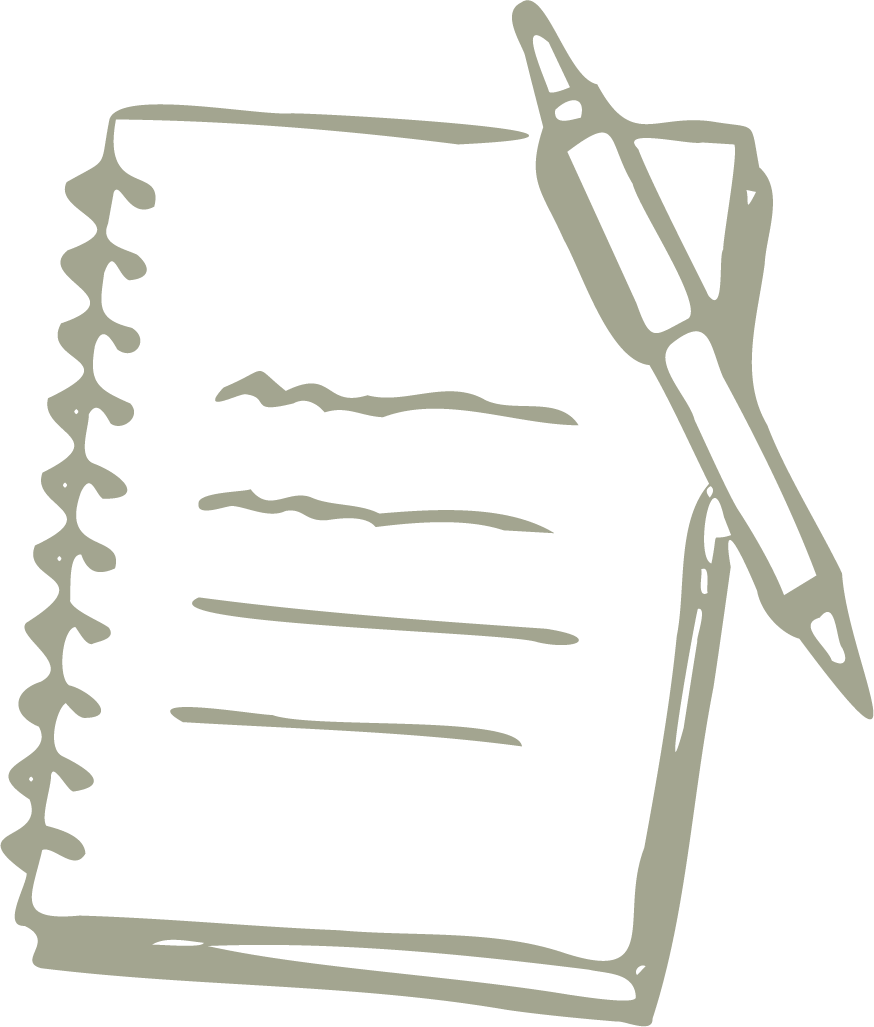Line drawing of a notebook with a pen resting on it.