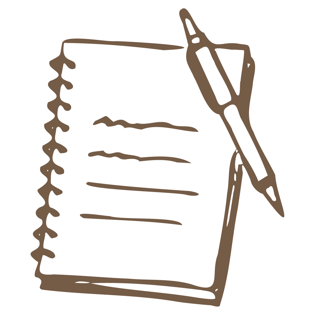 Hand-drawn illustration of a notebook with a pen resting on it.