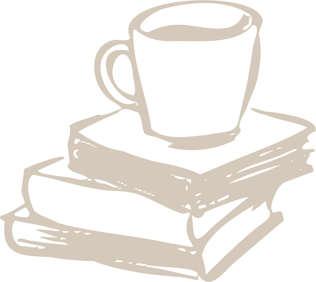 Black and white illustration of a coffee mug placed on top of two stacked books.