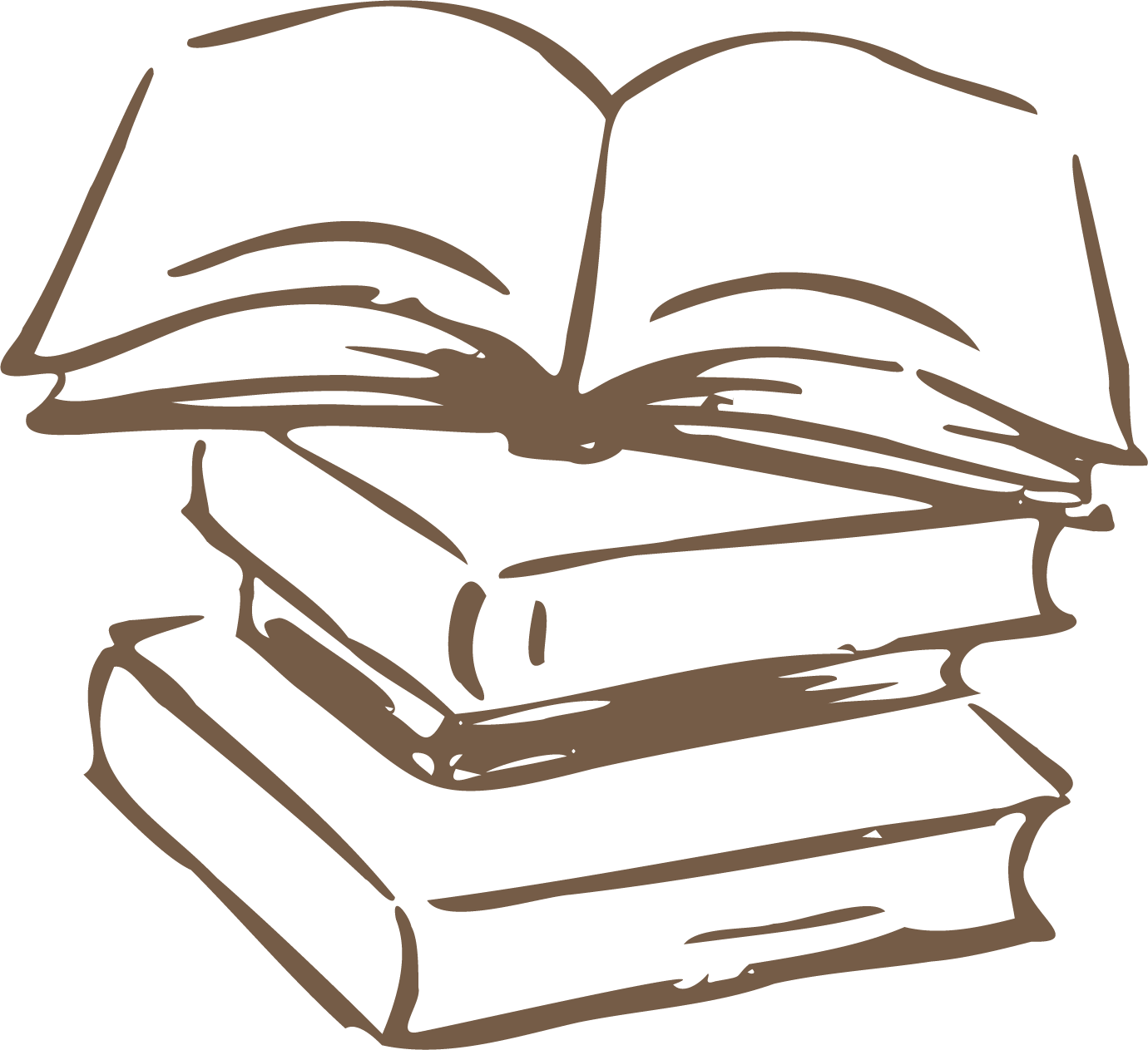 Outline illustration of a stack of three closed books with an open book on top.