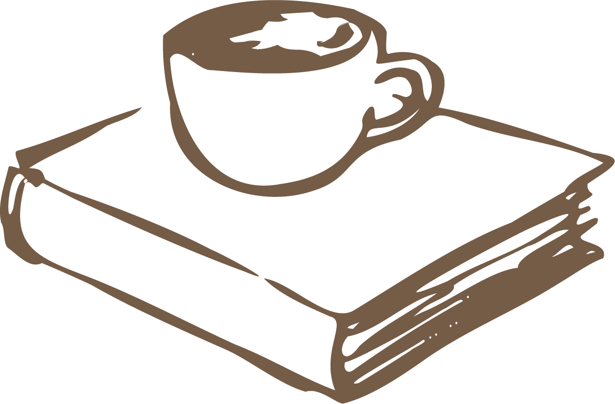 Brown line drawing of a coffee cup on top of a closed book.