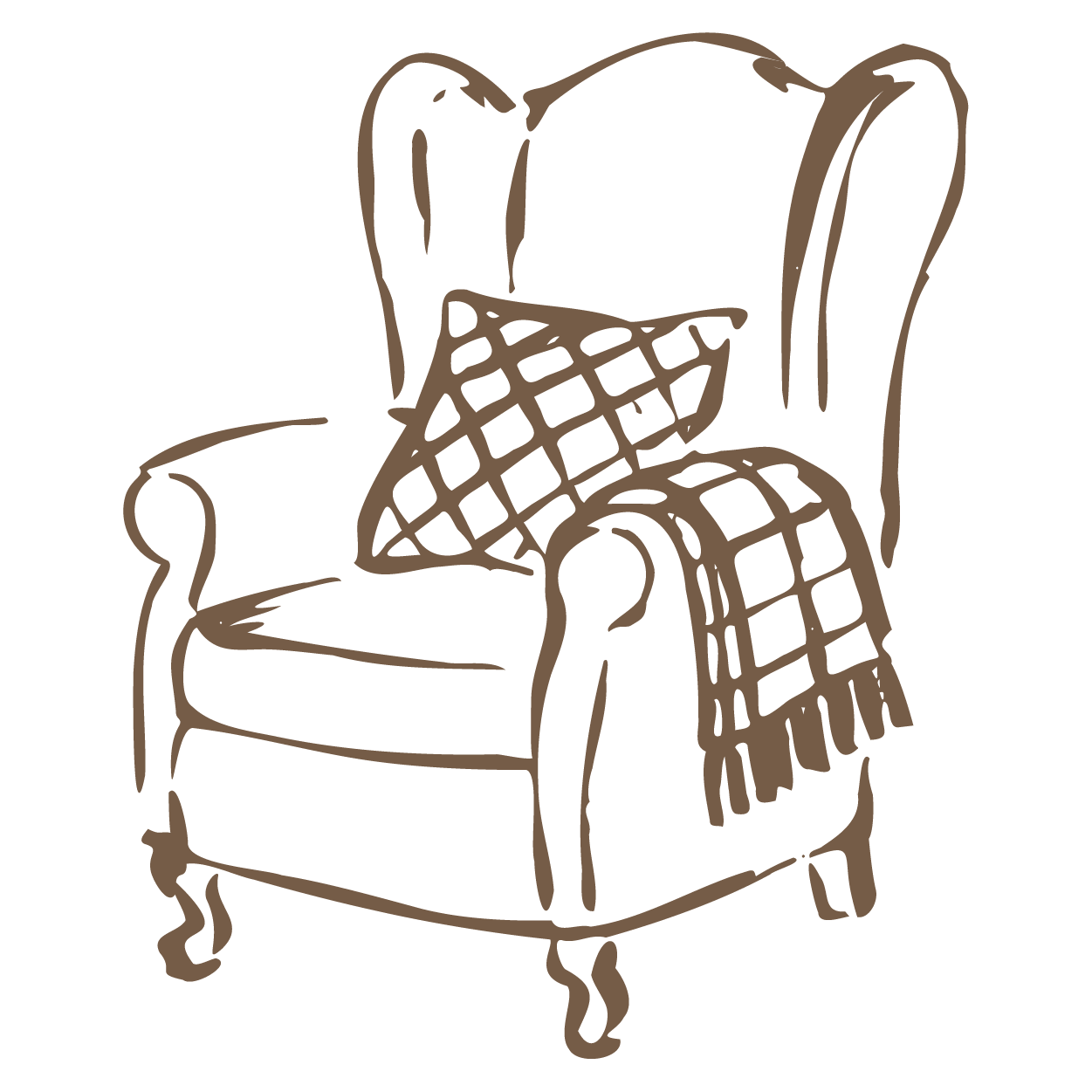 Line drawing of a vintage armchair with a cushion and a plaid throw blanket draped over one armrest.