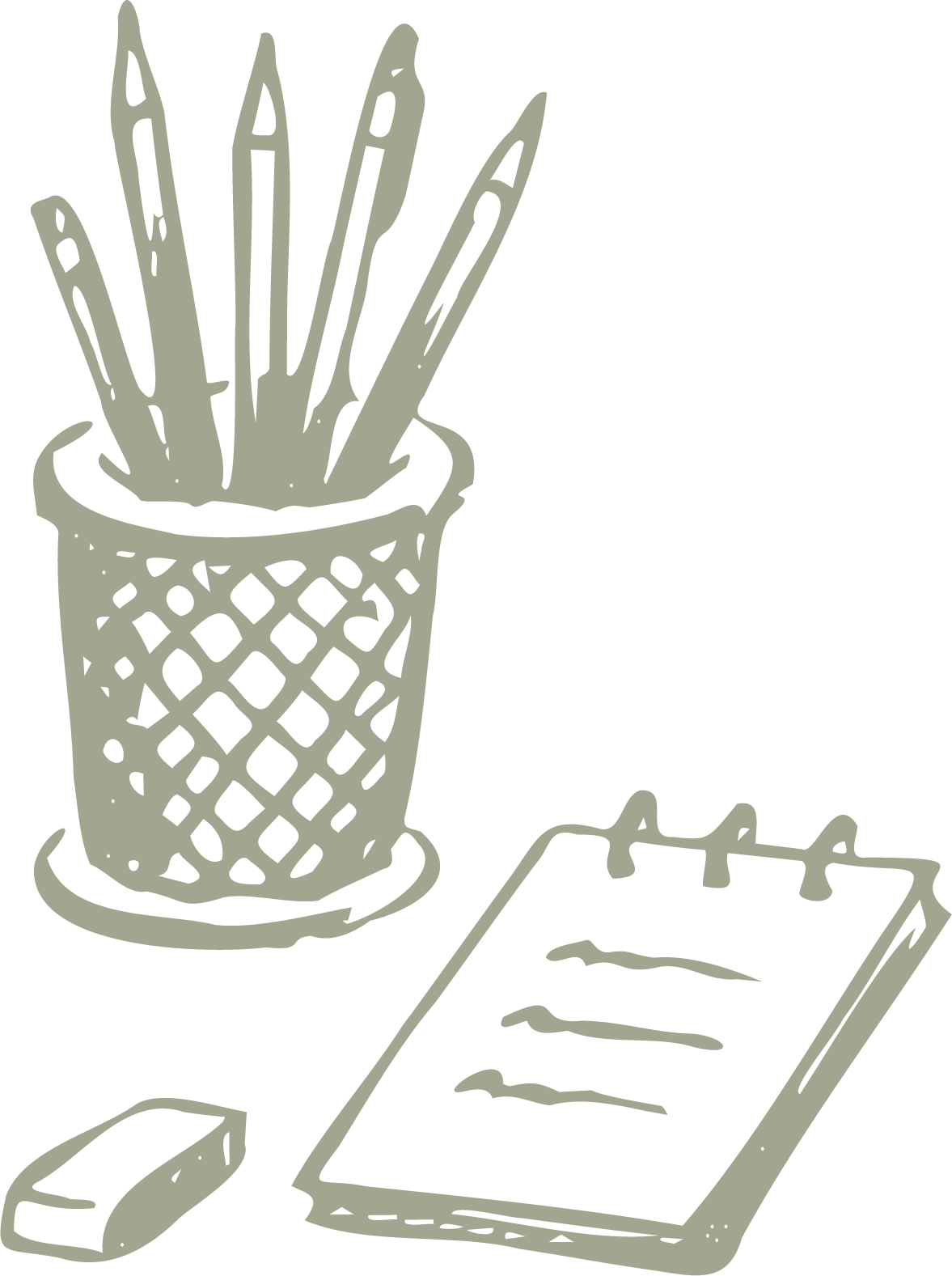 Drawing of a desk with a pencil holder filled with pens, a notebook, an eraser, and a paperclip.