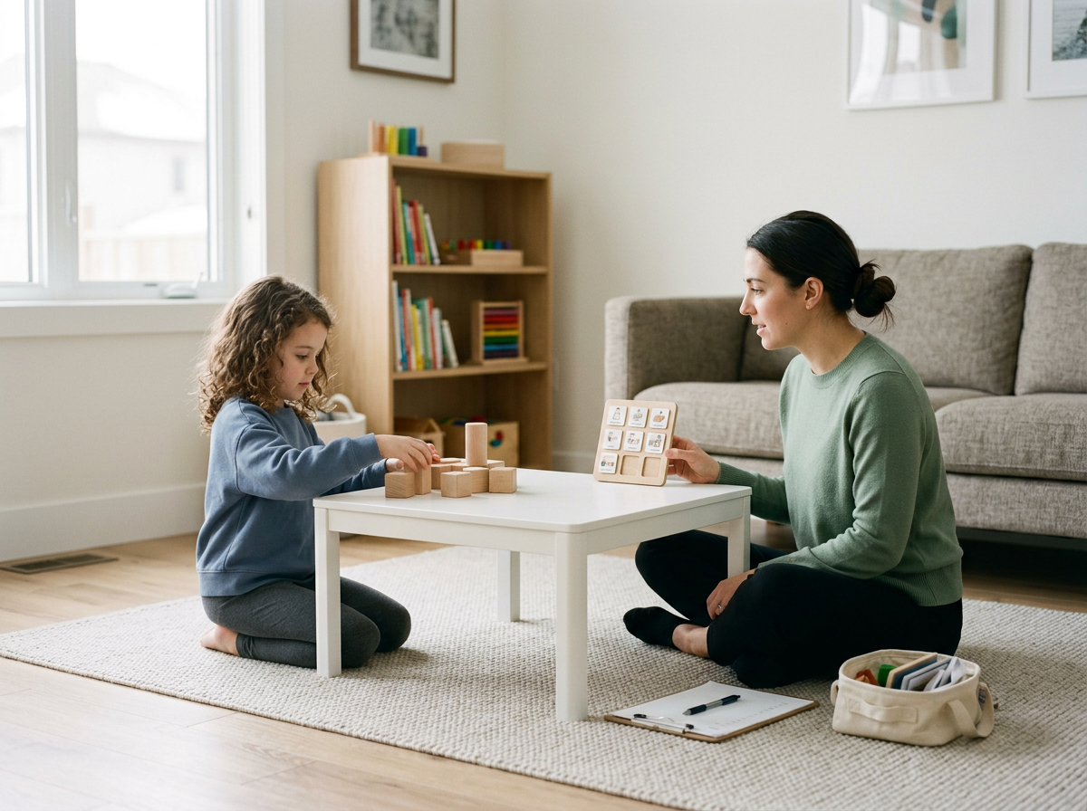 A woman and a young girl sitting on a beige rug in a living room, playing with wooden blocks on a small white table while the woman holds an educational flashcard. The room has a bookshelf, a gray sofa, and framed artwork on the wall.