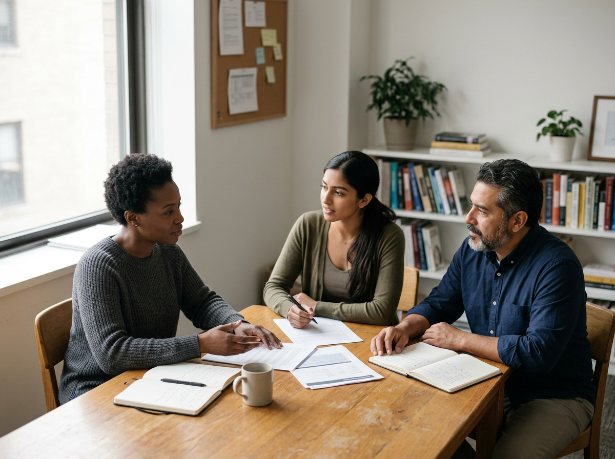 Three people sitting at a wooden table in a bright office, engaged in a discussion, with notebooks, papers, and a coffee mug on the table, and a bookshelf with books and potted plants in the background.