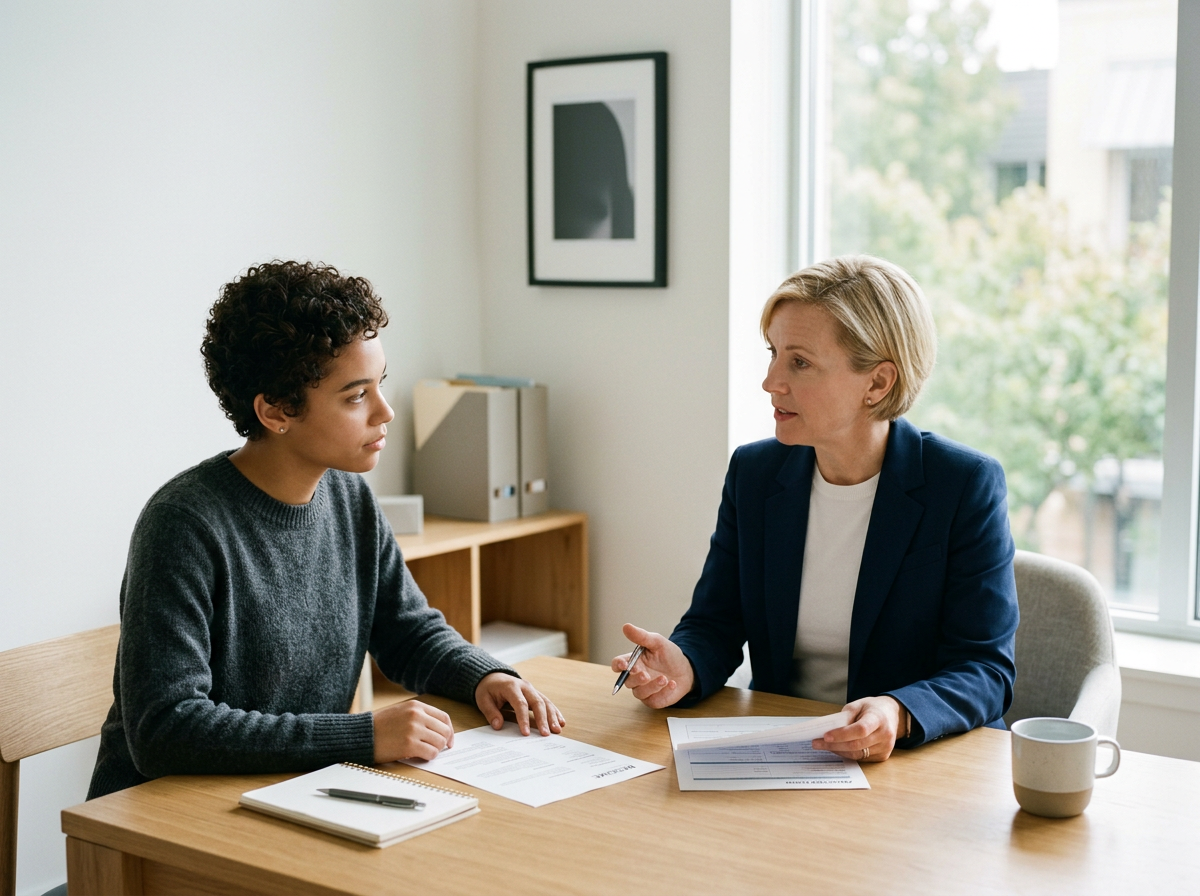 A young woman with short, curly dark hair and a gray sweater speaking with an older woman with short blonde hair, wearing a blue blazer and white shirt, seated at a wooden table in an office with a window showing trees outside. They are discussing documents and a pen is in the older woman's hand. There are files, a notebook with a pen, and a mug on the table.
