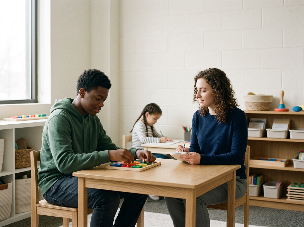 A young boy and a woman sitting at a wooden table in a classroom, engaging in a hands-on activity, with a girl in the background writing at a desk.