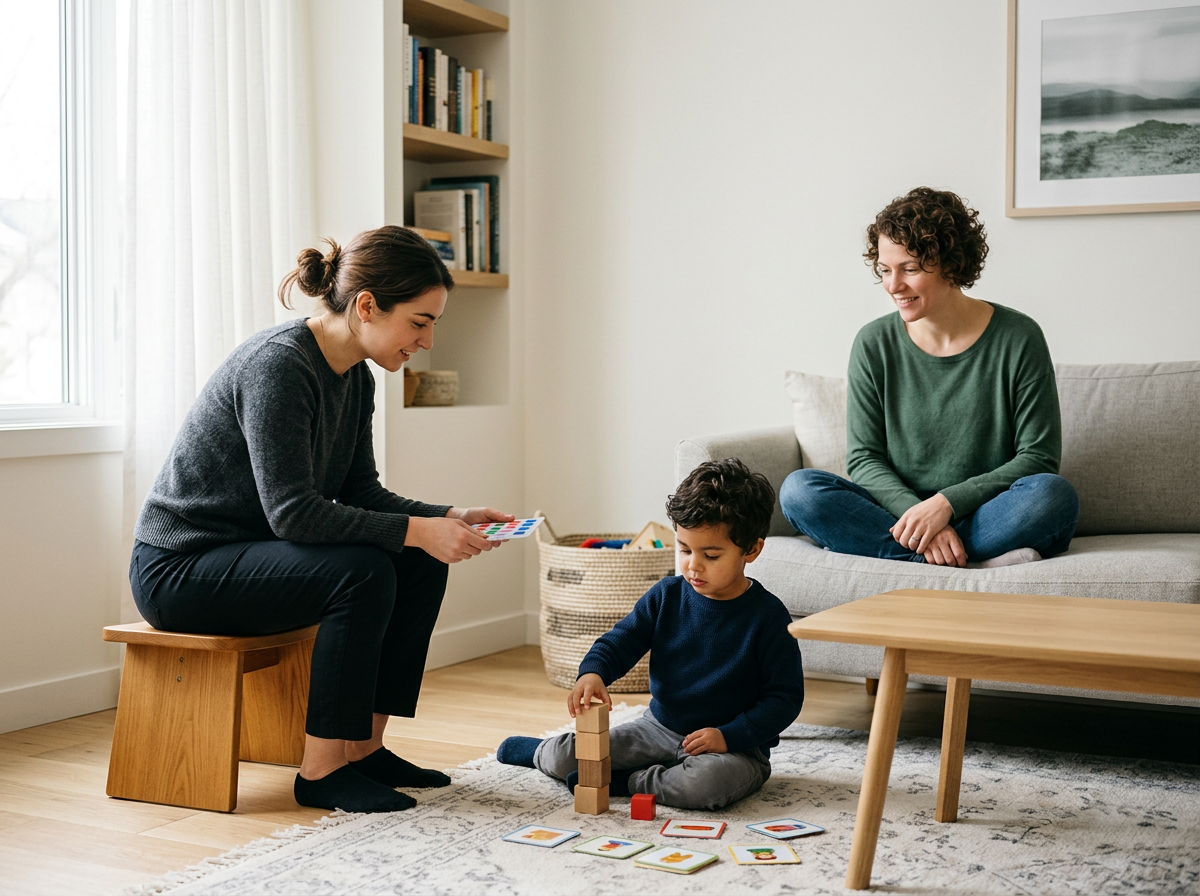 Two women and a young boy playing with children's toys in a bright living room. One woman is sitting on a small wooden stool, holding a toy, while the boy is stacking blocks on the carpet, and the other woman is sitting on the sofa watching and smiling.