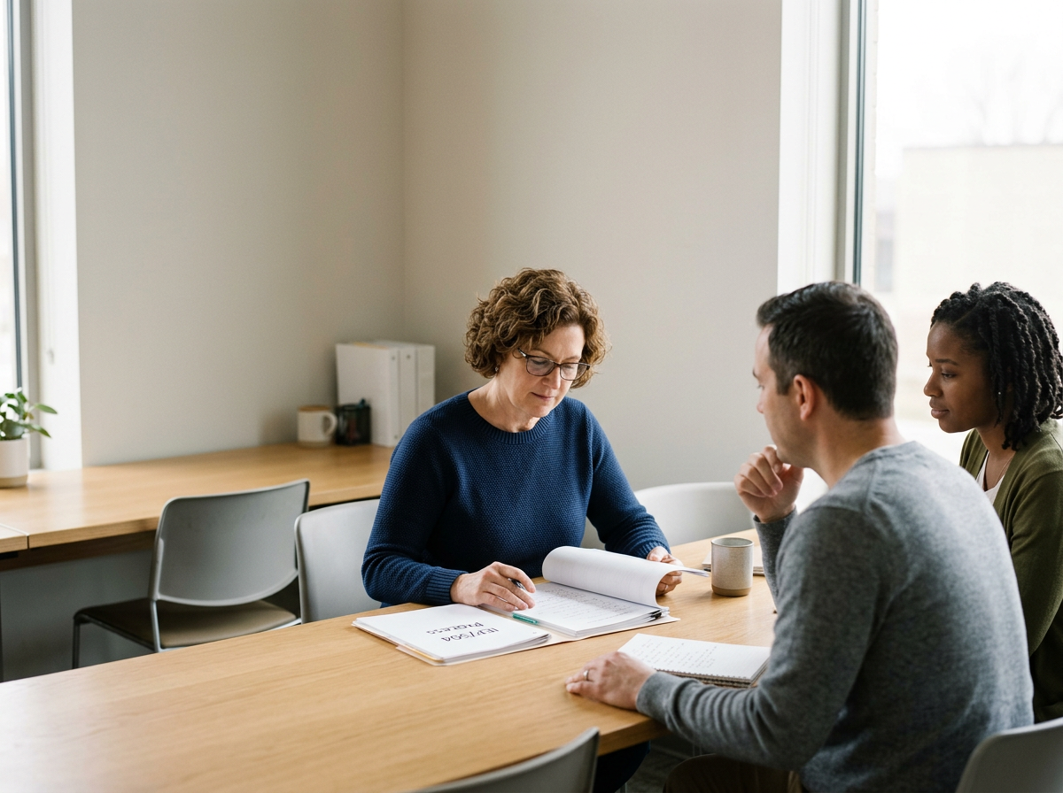 Three adults sitting at a wooden table in a meeting room, reviewing documents, with a window in the background.