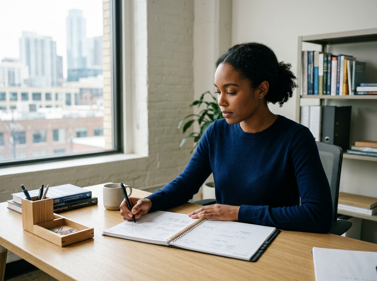 A woman sitting at a desk in an office, writing in a planner with a pen, near a large window with city buildings outside.