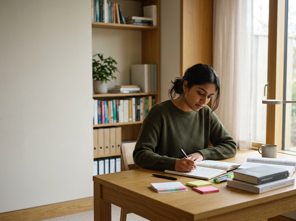 A woman studying at a wooden table in a well-lit room, with books, sticky notes, a pen, a notebook, and a mug on the table, and bookshelves in the background.