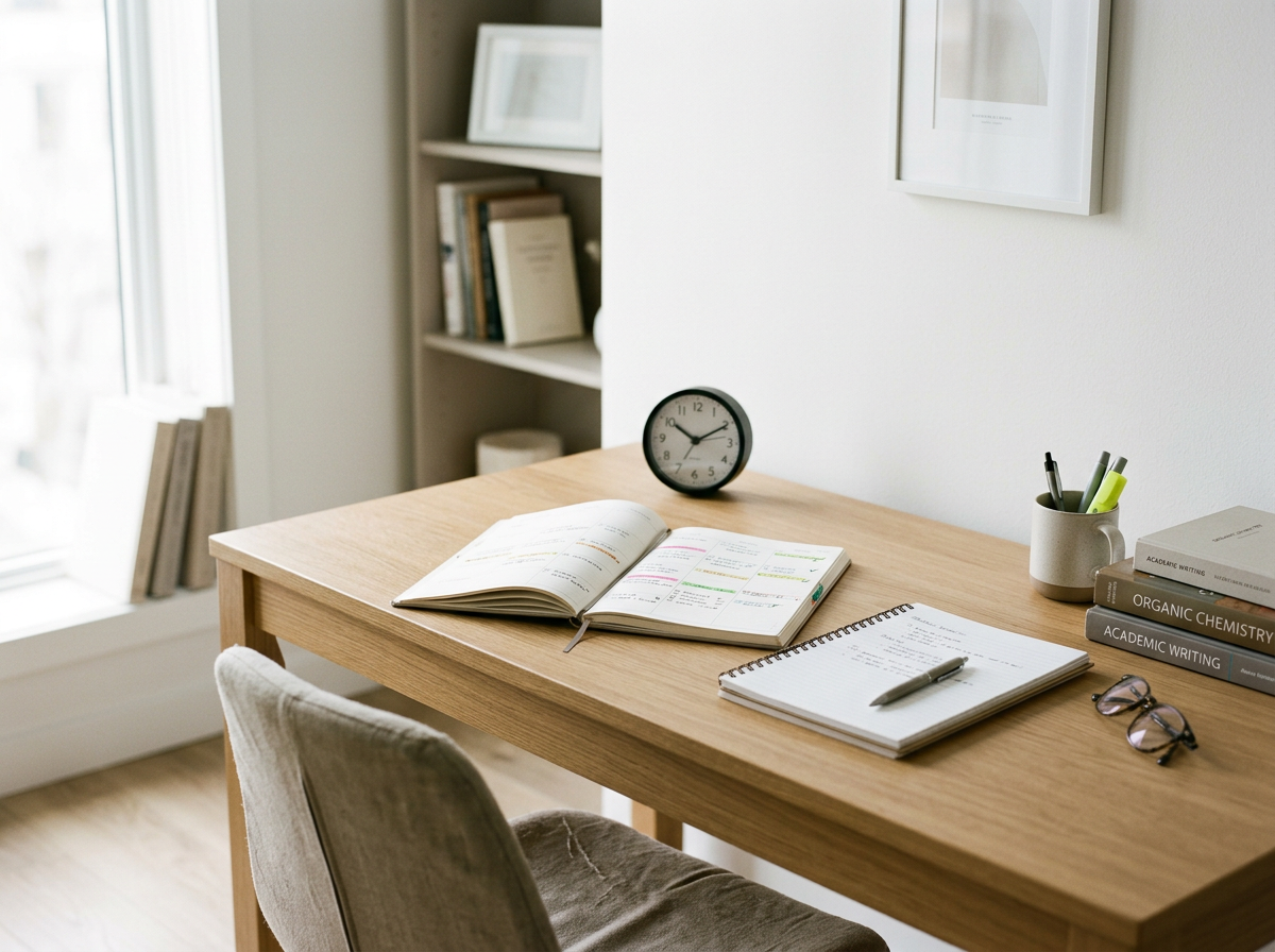 Home study desk with open planner, notebook, pens, books, glasses, clock, and a mug with pens, positioned near a window in a well-lit room.