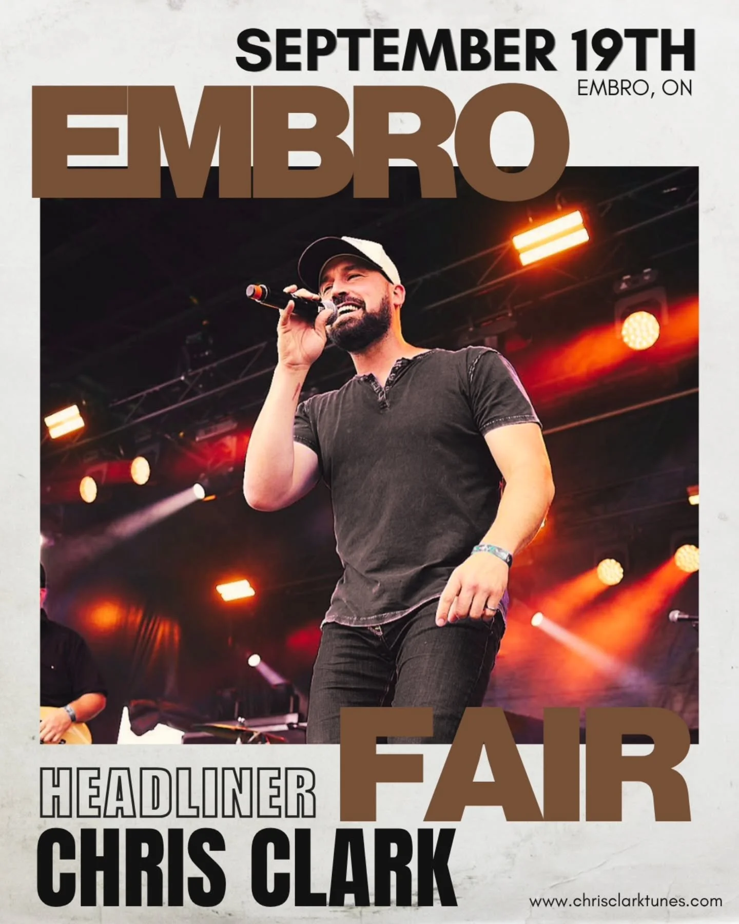 @chrisclarktunes will be ✨HEADLINING✨ Embro Fair on September 19th. 

Dust off your boots and let us BLO your mind! 

Get your tickets....LINK IN BIO

#ChrisClark #EmbroFair #Headliner #CountryVibes #SaveTheDate