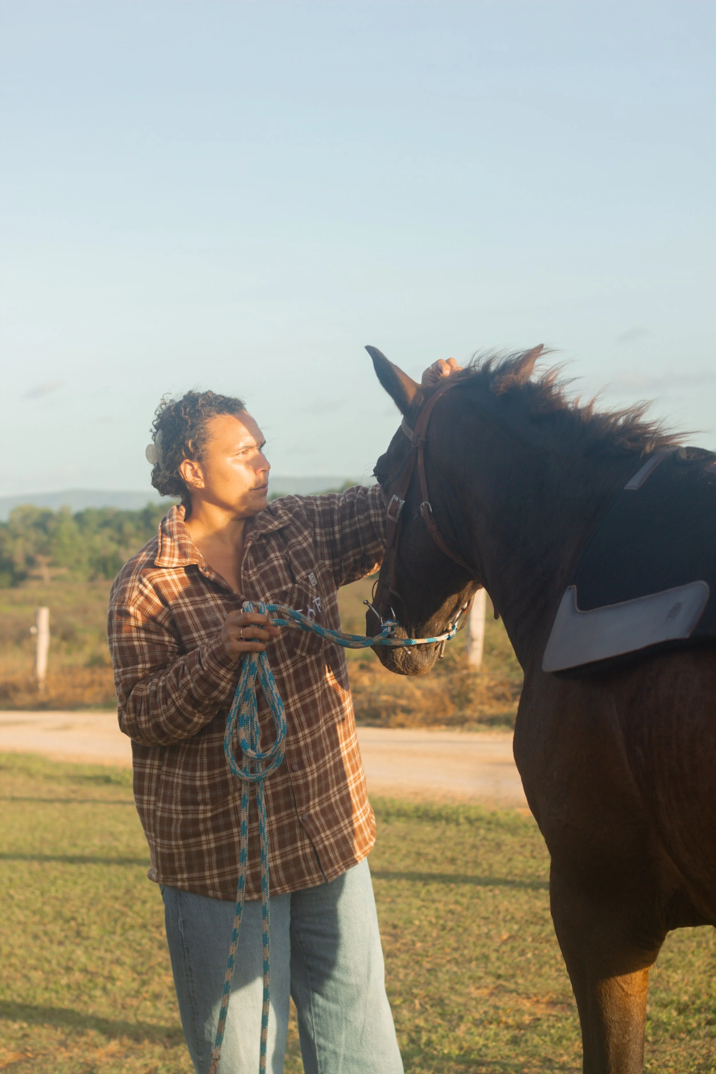 A woman in a plaid shirt and jeans holding a blue lead rope, standing near a dark brown horse with a mane blowing in the wind, in an outdoor rural setting during late afternoon or early evening.