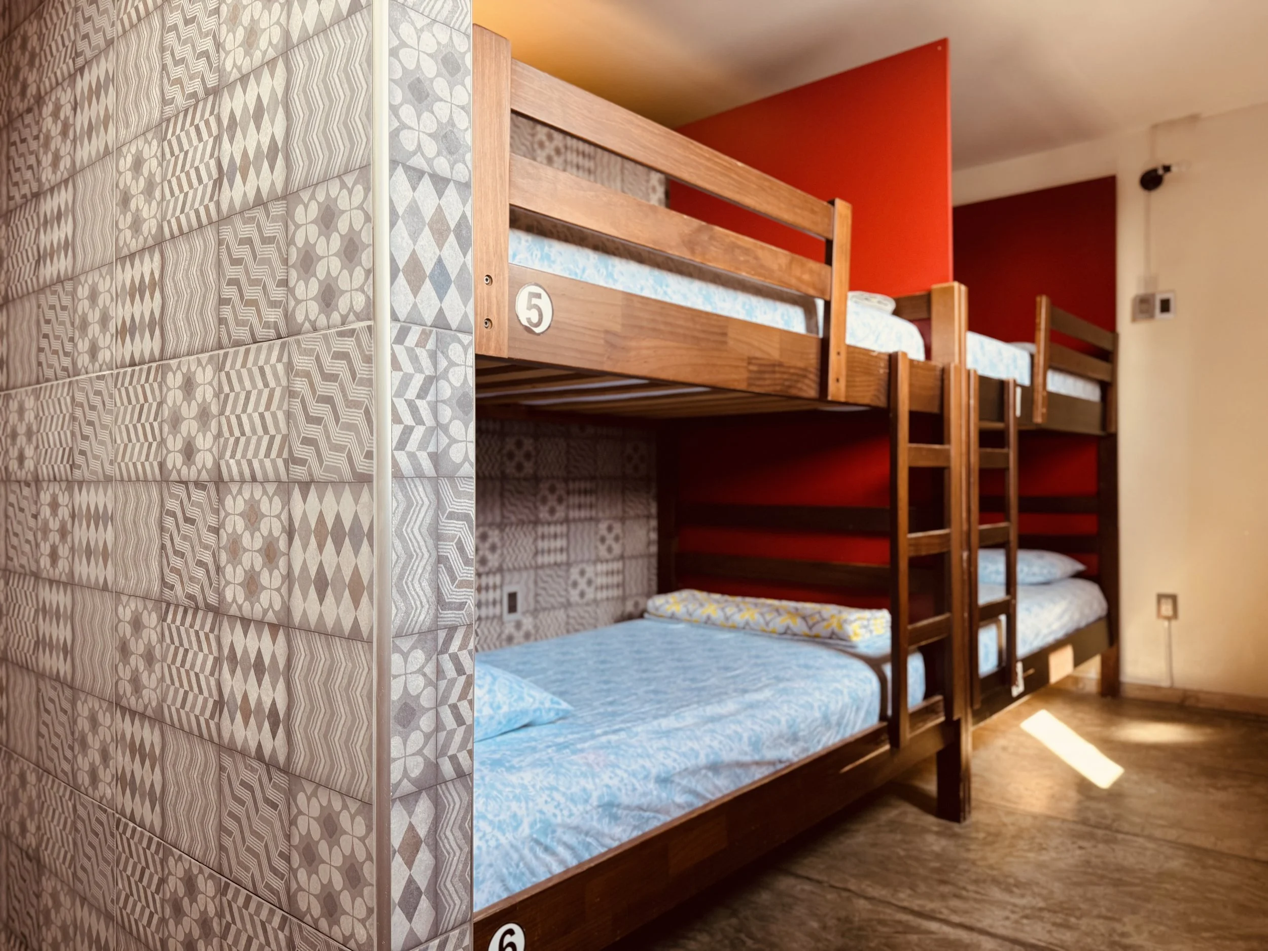 A row of wooden bunk beds with beds made with blue patterned sheets and pillows, positioned against a red wall in a room with wooden flooring.