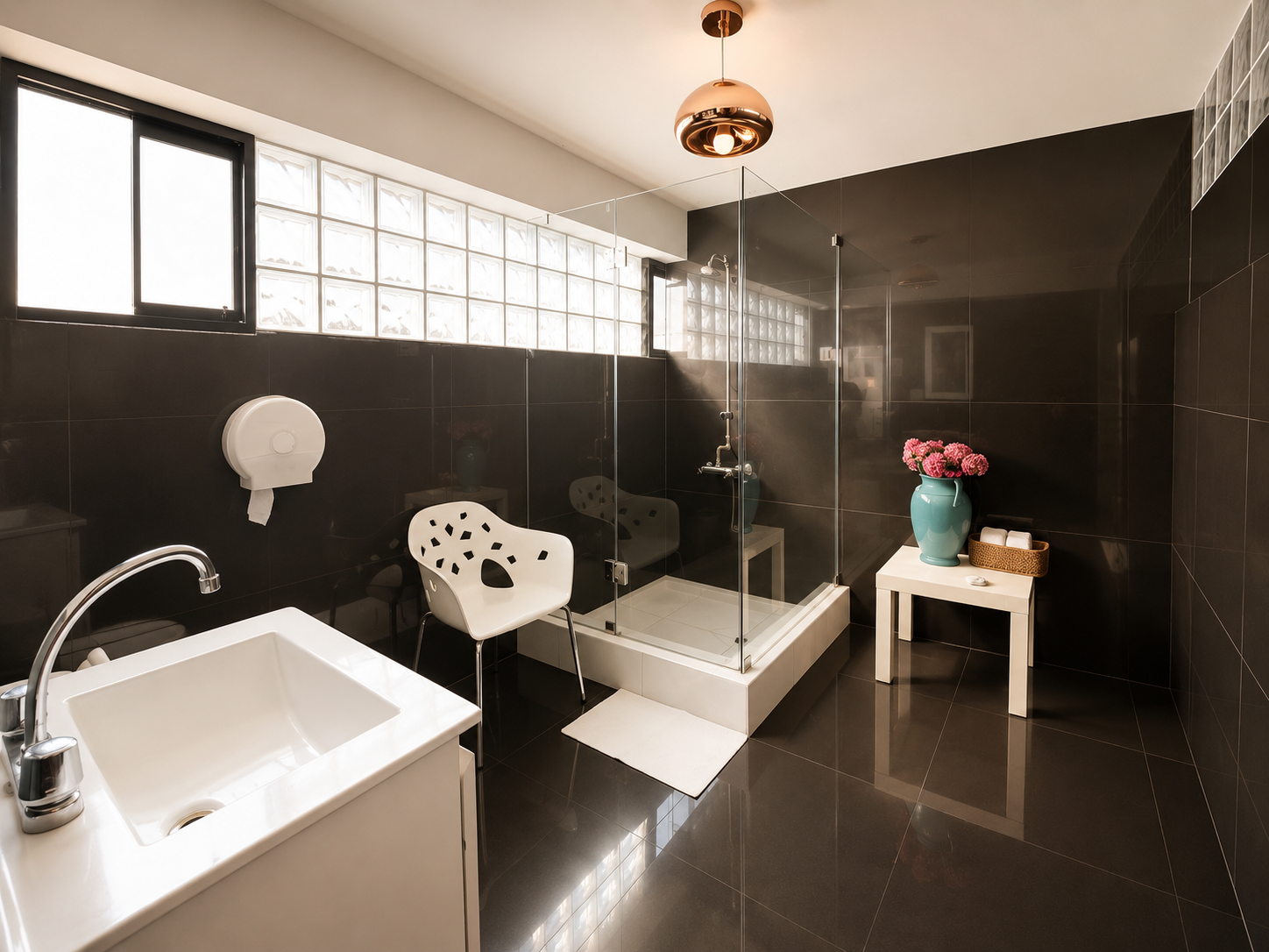 Modern bathroom with black tiles, a walk-in shower with glass doors, a white sink, a decorative white chair, a turquoise vase with pink flowers, and a small white table with towels and a basket.