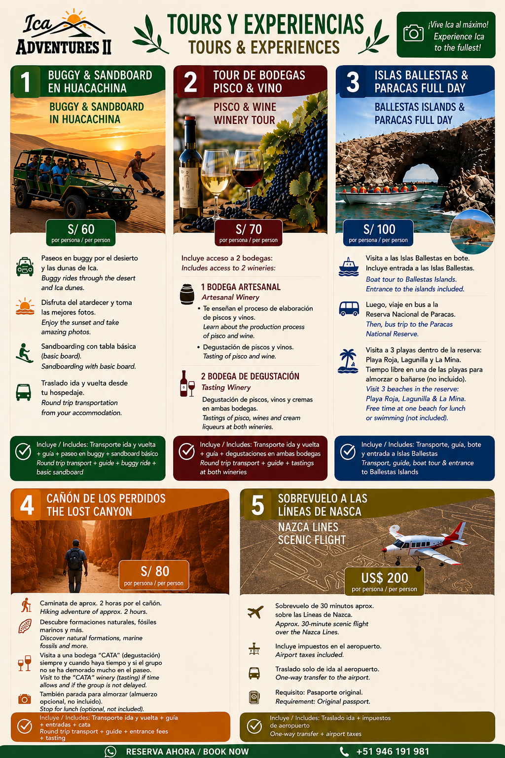 Tour and experience options at Ica Adventures II including buggy rides in the desert, winery tours with wine tasting, boat visits to Ballestas Islands and Paracas, a trek to the Lost Canyon, and a scenic flight over Nazca Lines.