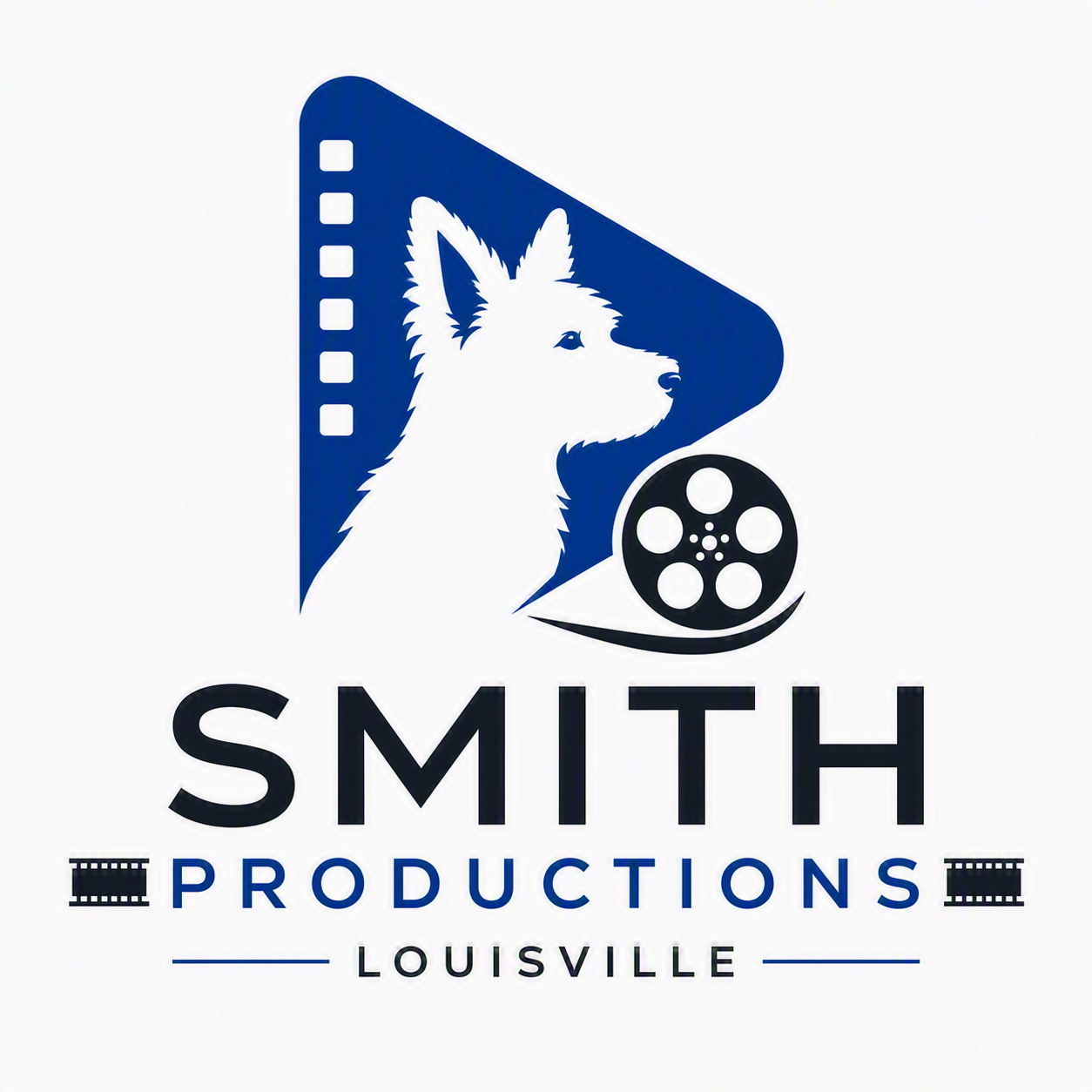 Logo for Smith Productions featuring a white dog (likely a husky) inside a blue film strip shape with a film reel, and the text 'Smith Productions Louisville' below.
