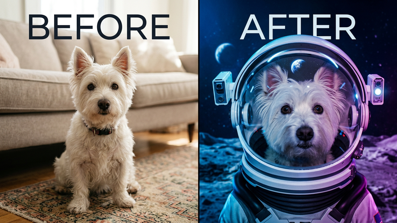 Comparison of a dog in a living room before and after space exploration, showing the dog in an astronaut helmet in space.