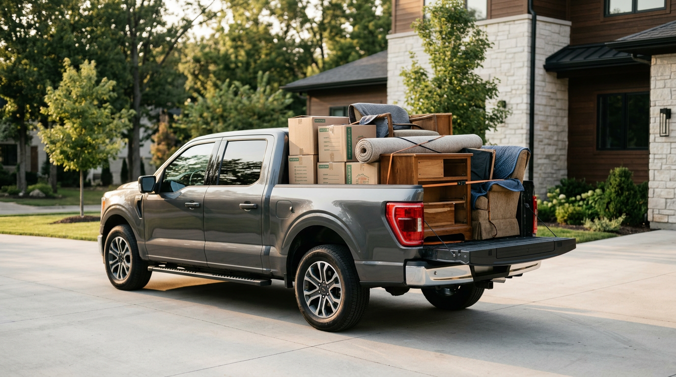A gray pickup truck parked outside a modern house, loaded with boxes and furniture in its bed, ready for moving.
