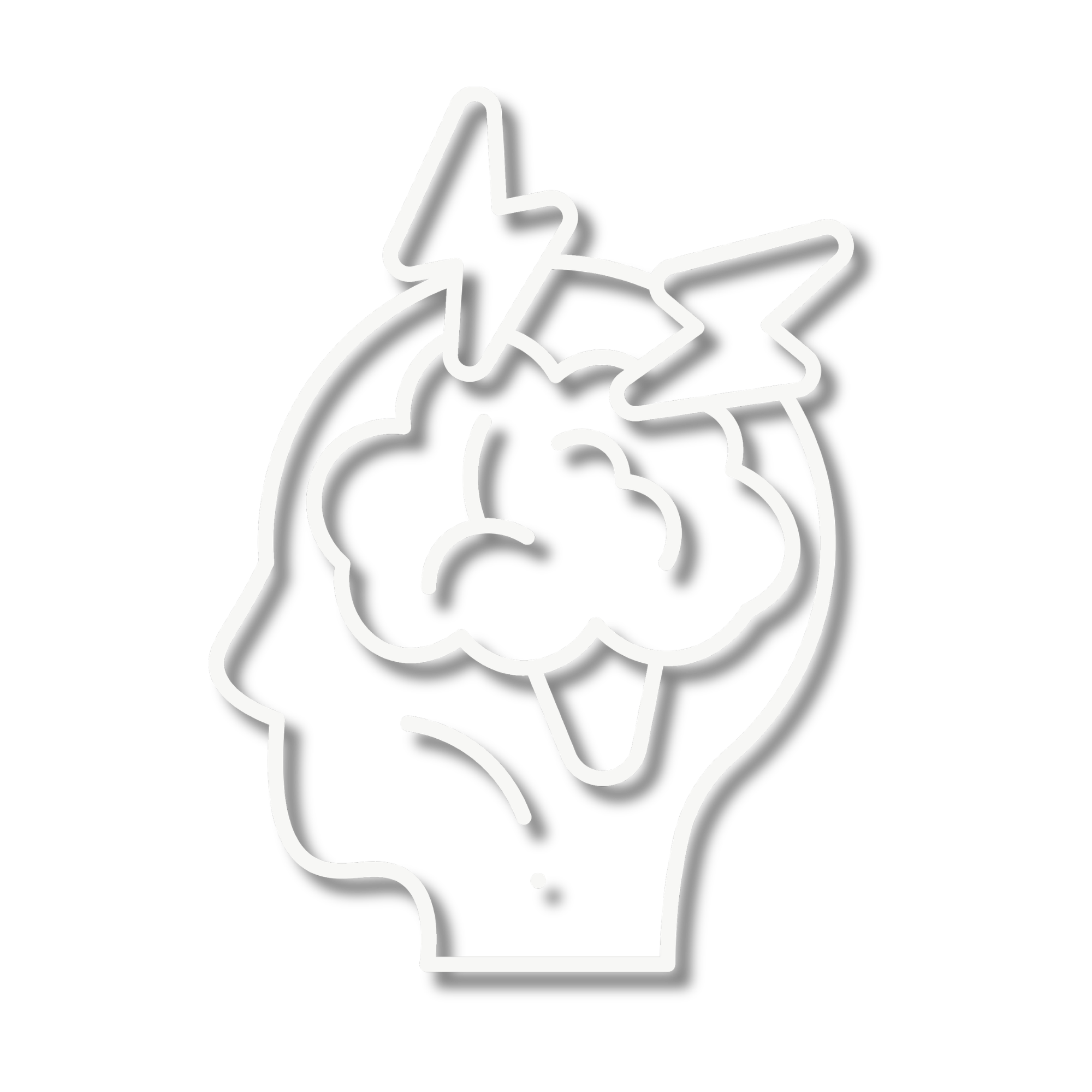 Outline of a human head with brain and lightning icons suggesting anxious or feeling of anxiety.