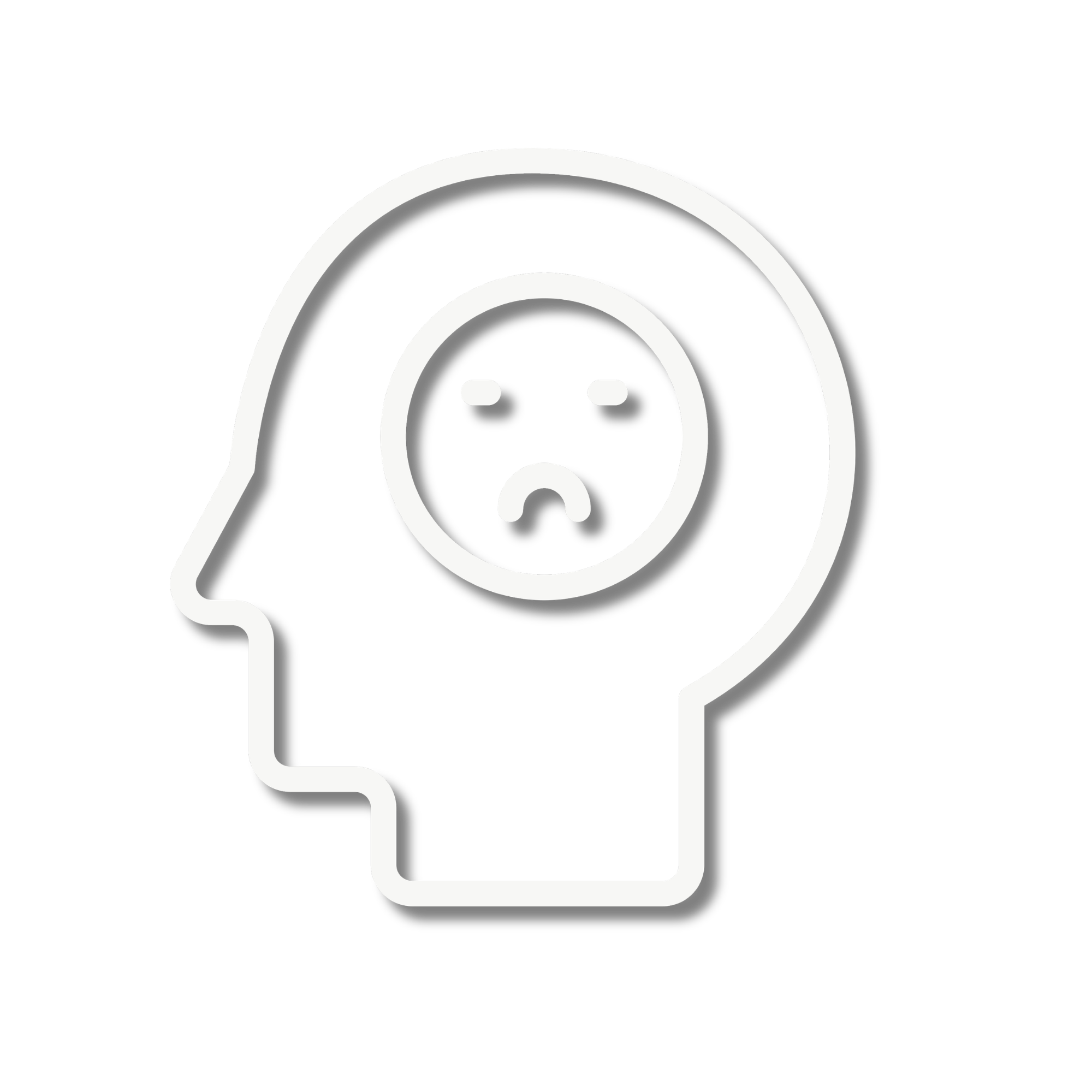 Outline of a human head with a sad face emoji at the top of the head showing depression symptoms.