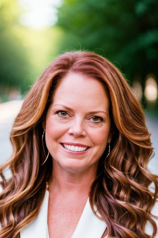 A smiling woman with long, wavy red hair standing outdoors, with green trees and a pathway in the background.