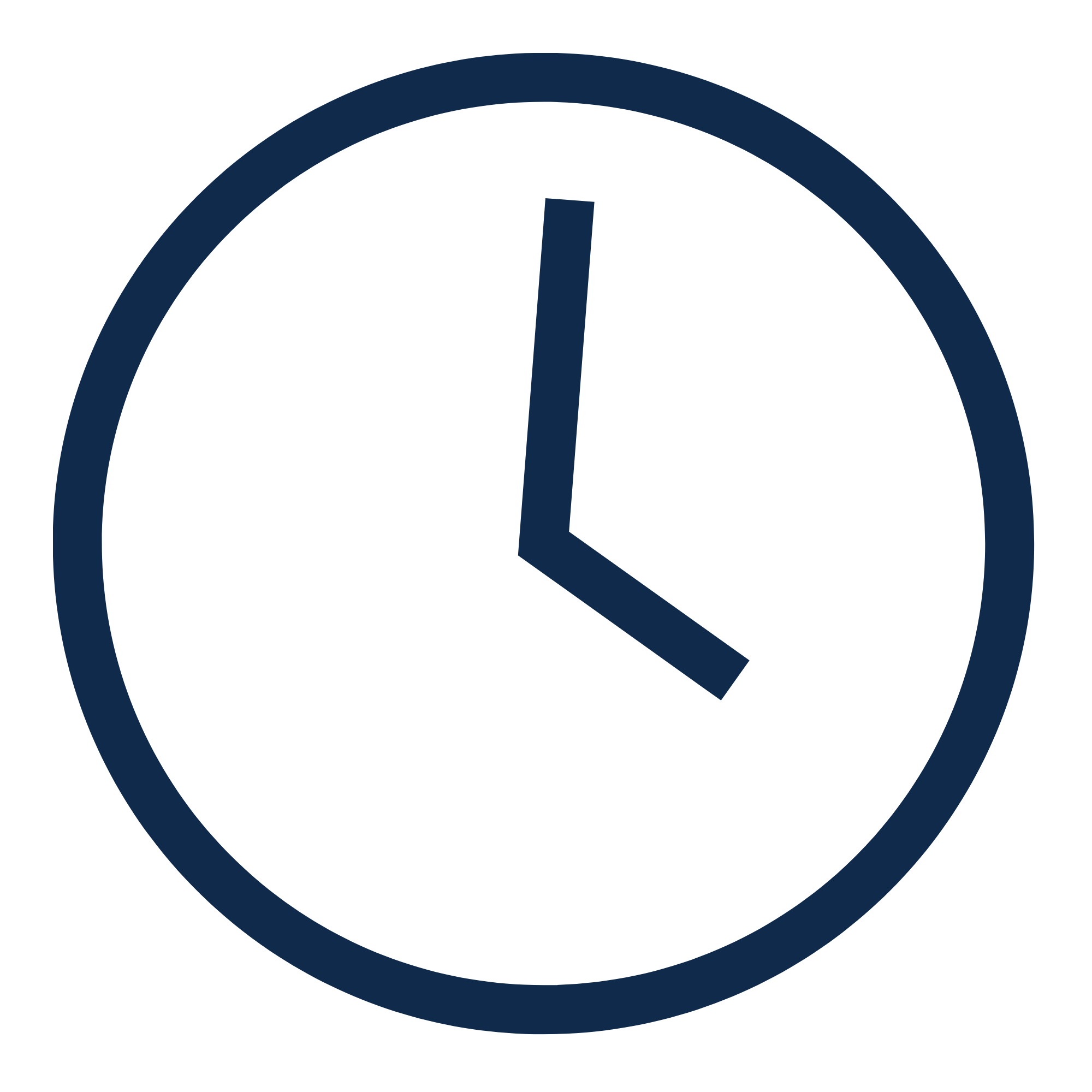 A dark blue icon of a clock with a round face, a single vertical line representing the clock's hands pointing at 12 o'clock, and a thick circular border.