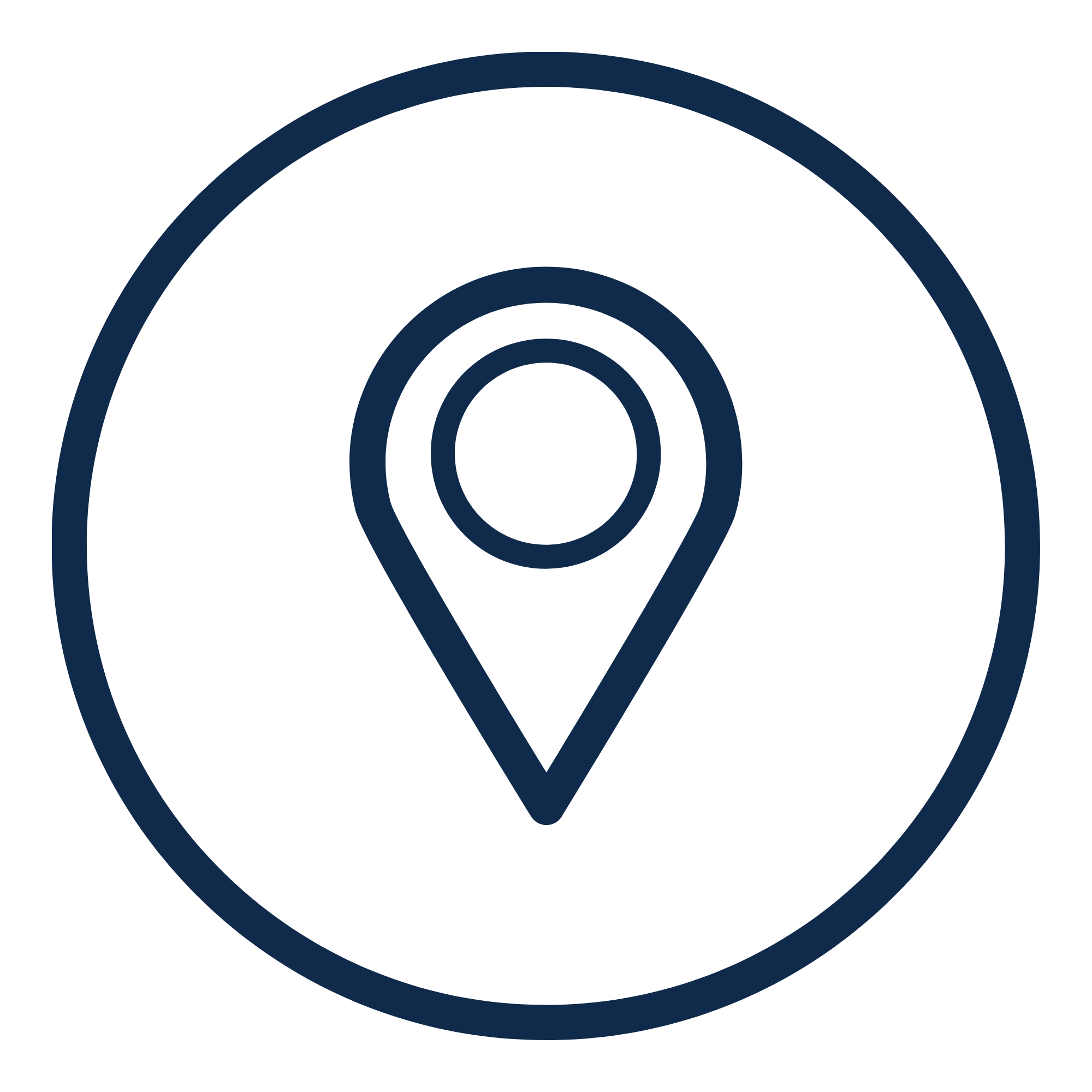 A simple graphic design featuring concentric circles and a location pin icon in navy blue on a black background.