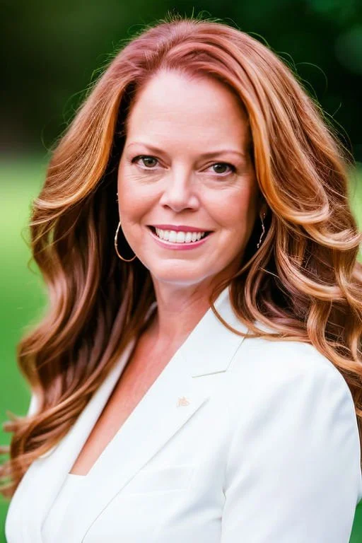 A portrait of a smiling woman with long, wavy red hair, wearing a white blazer and hoop earrings, outdoors with blurred green background.
