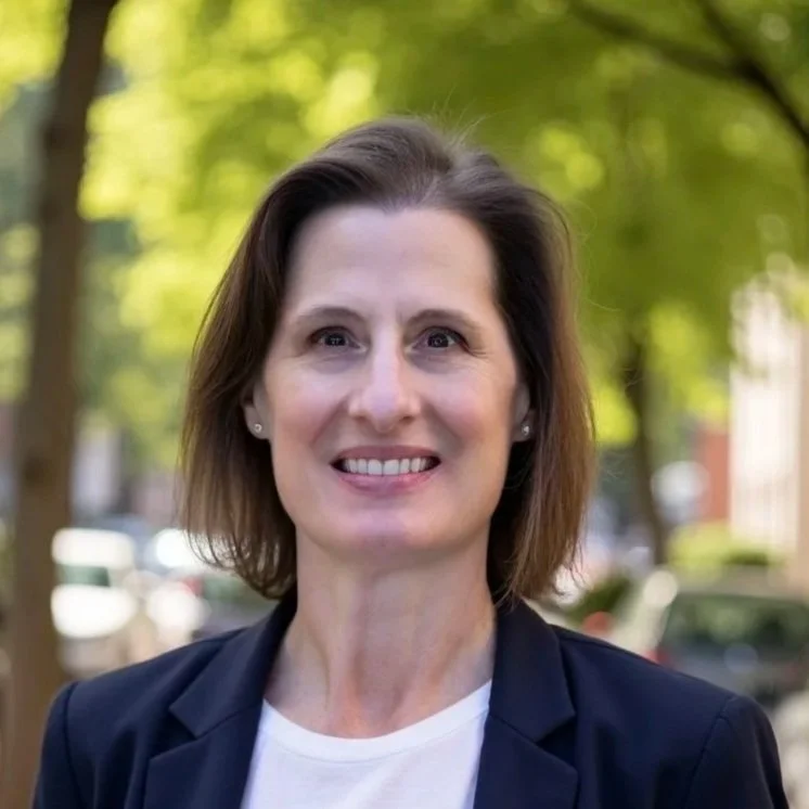A woman with shoulder-length brown hair, wearing a white shirt and a dark blazer, smiling outdoors with green trees and blurred cars in the background.
