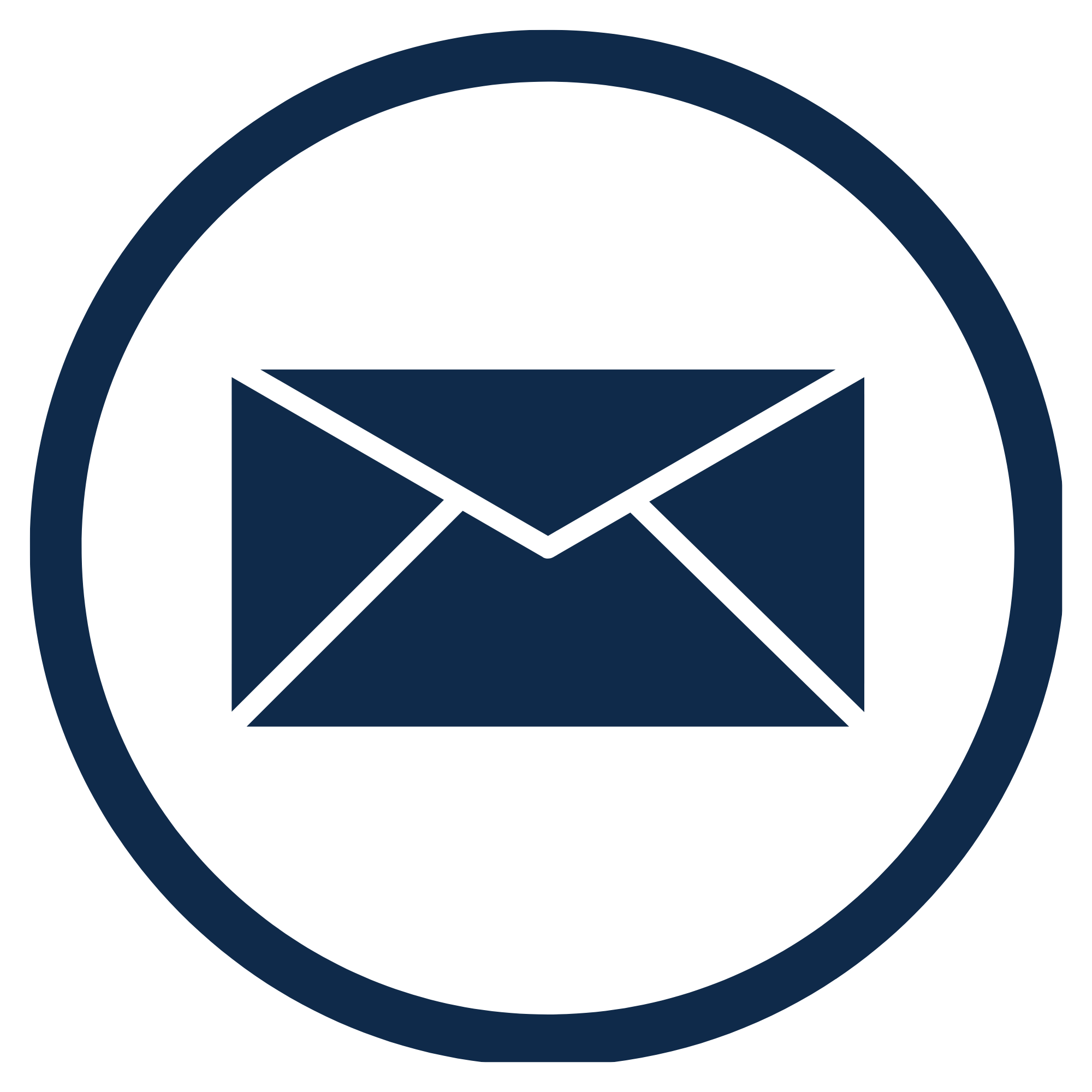 A dark blue circular logo with an envelope icon in the center representing an email.